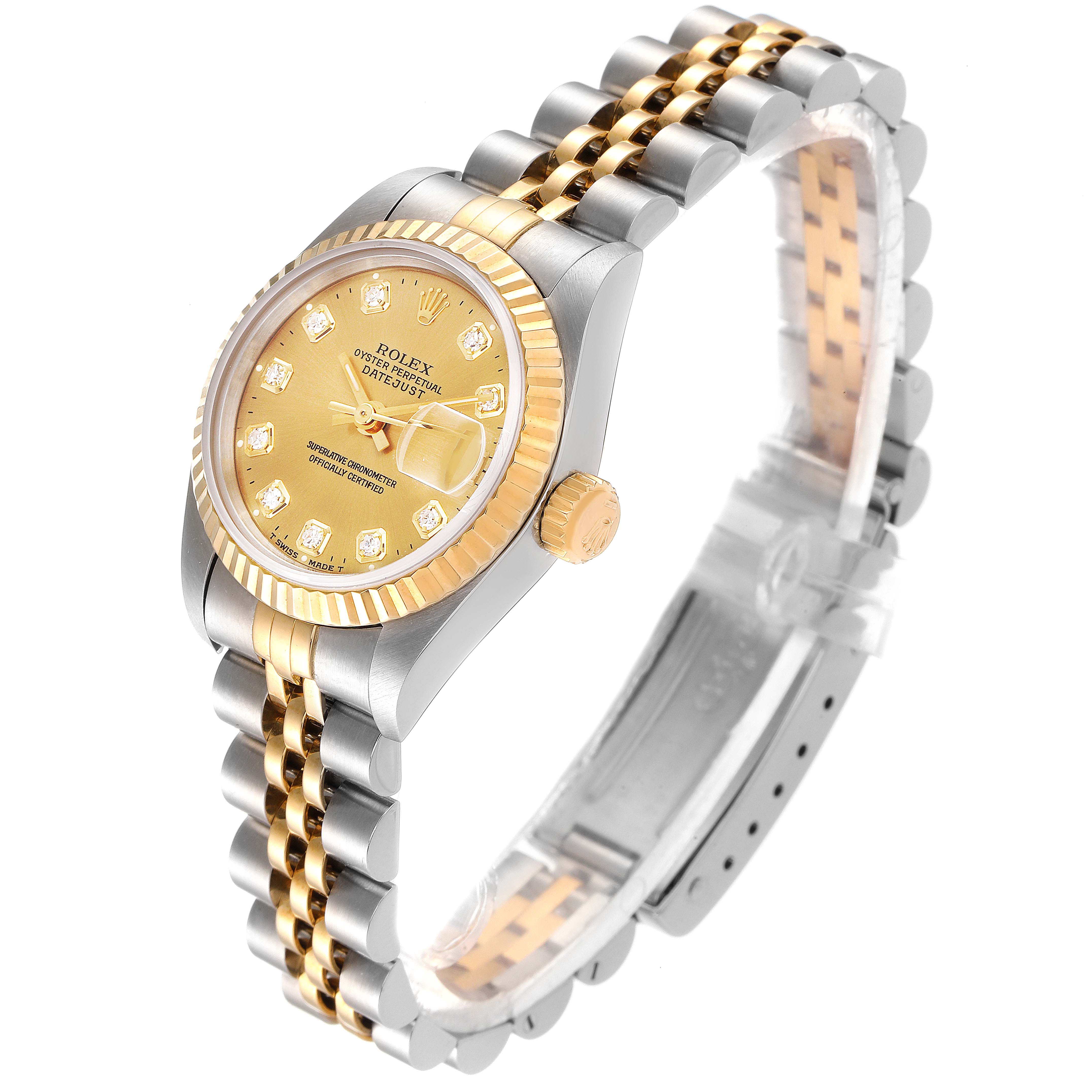 The image shows a Rolex Datejust 69173 Women's Steel and Gold (two tone) Champagne Dial 69173 Women's Steel and Gold (two tone) Champagne Dial watch from a slight side angle, highlighting the two-tone bracelet and diamond-studded gold dial.