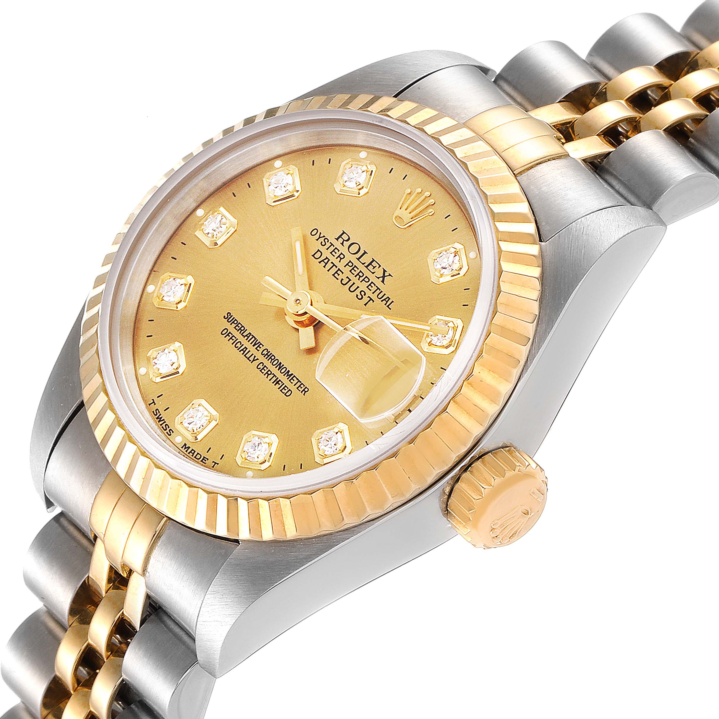 The image shows the Rolex Datejust 69173 Women's Steel and Gold (two tone) Champagne Dial 69173 Women's Steel and Gold (two tone) Champagne Dial watch at an oblique angle, featuring its dial, fluted bezel, crown, and part of its bracelet.