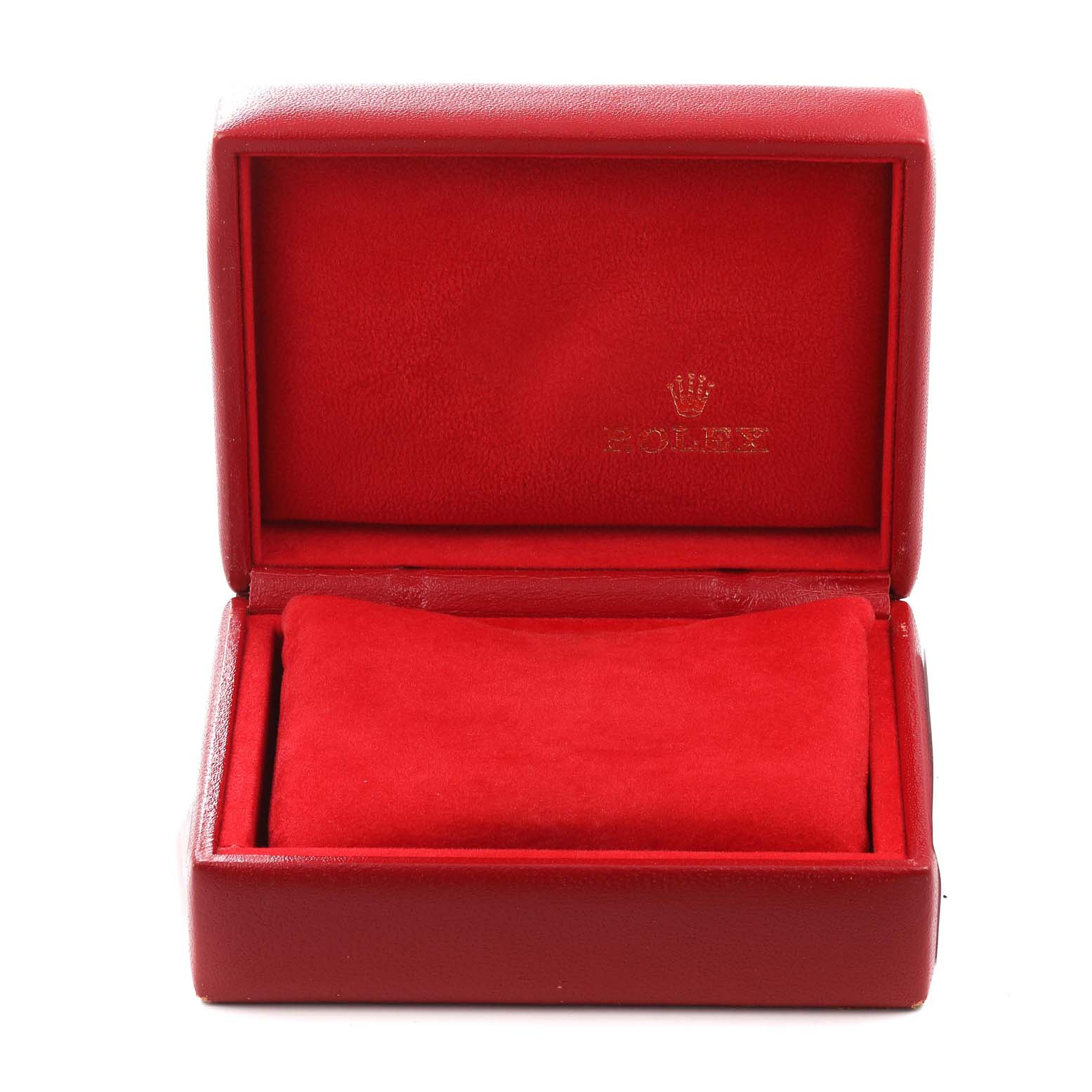 The image shows an open, red Rolex watch box, likely for the Datejust model, without the watch inside.
