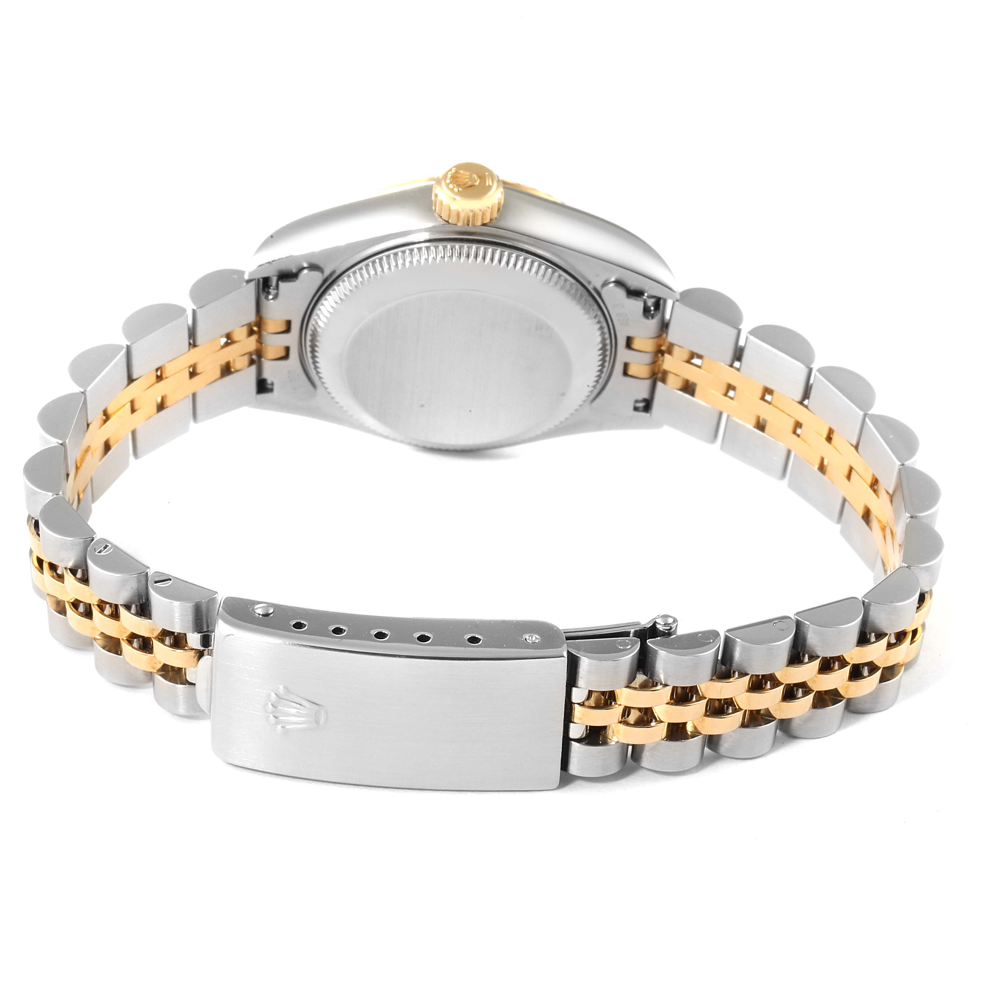 The image shows the back case and bracelet of a Rolex Datejust 69173 Women's Steel and Gold (two tone) Champagne Dial 69173 Women's Steel and Gold (two tone) Champagne Dial watch from a rear angle.