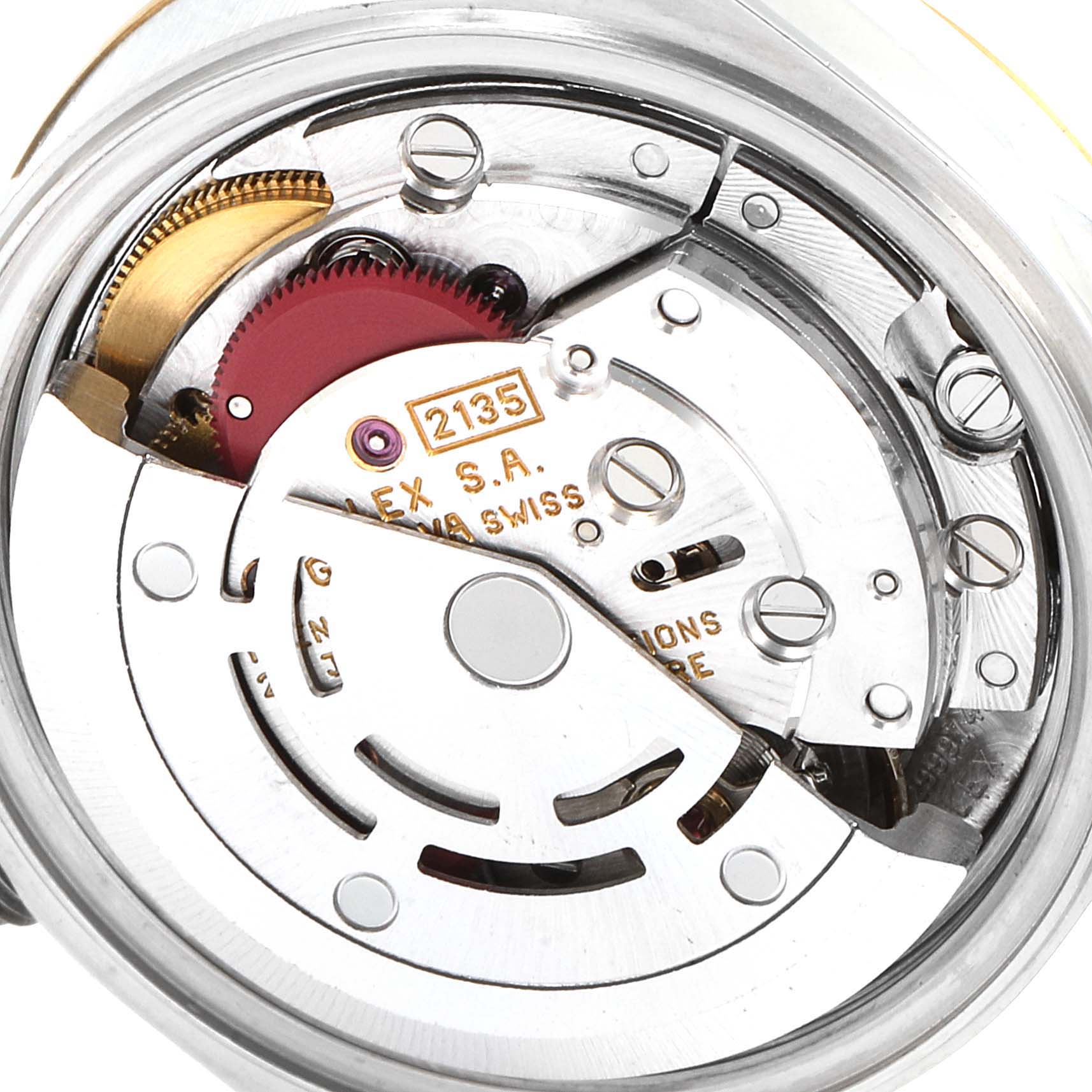 This image shows the movement parts of a Rolex Datejust 69173 Women's Steel and Gold (two tone) Champagne Dial 69173 Women's Steel and Gold (two tone) Champagne Dial watch, viewed from the back.