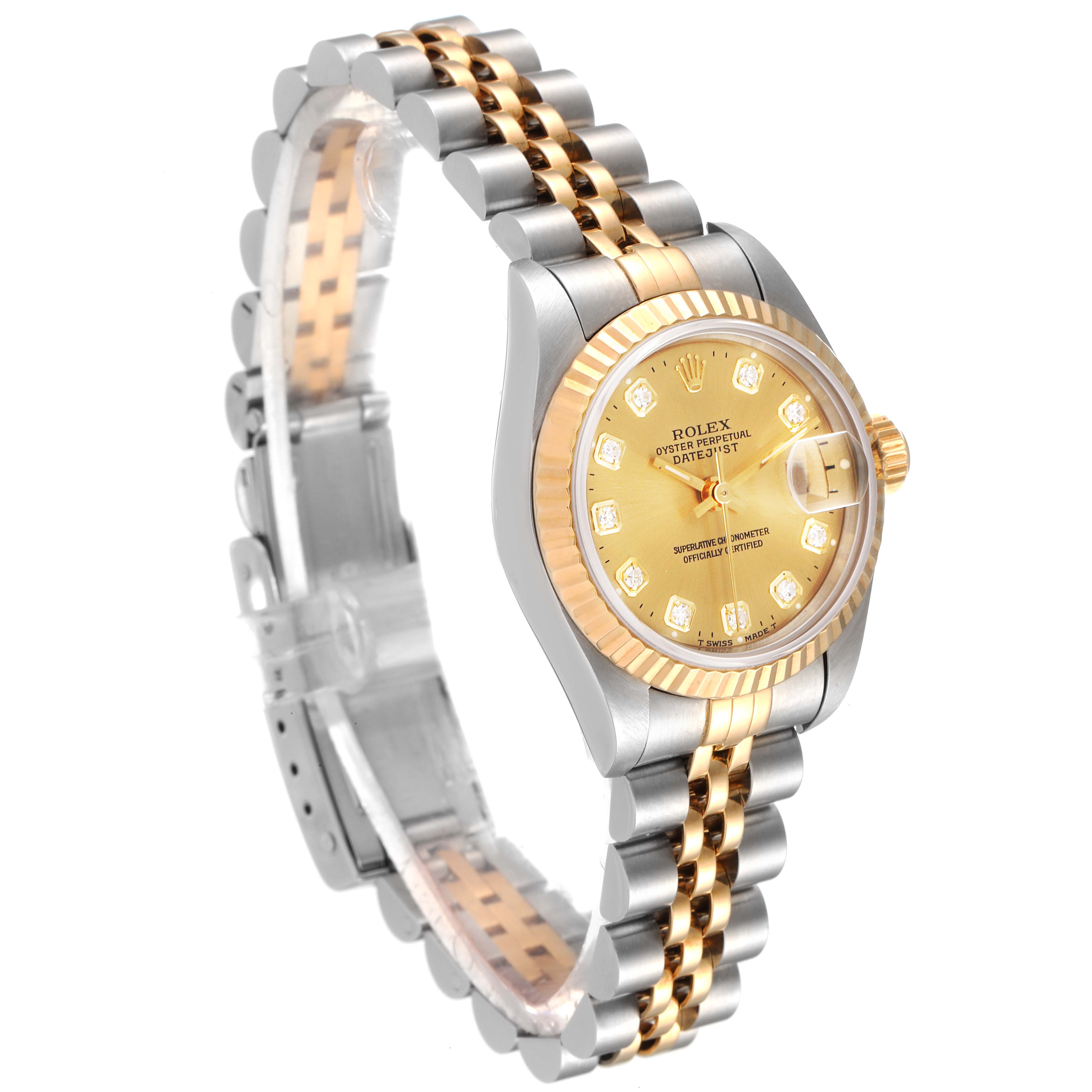 The Rolex Datejust 69173 Women's Steel and Gold (two tone) Champagne Dial 69173 Women's Steel and Gold (two tone) Champagne Dial watch is shown at a three-quarter angle, featuring the dial, bezel, bracelet, and clasp.