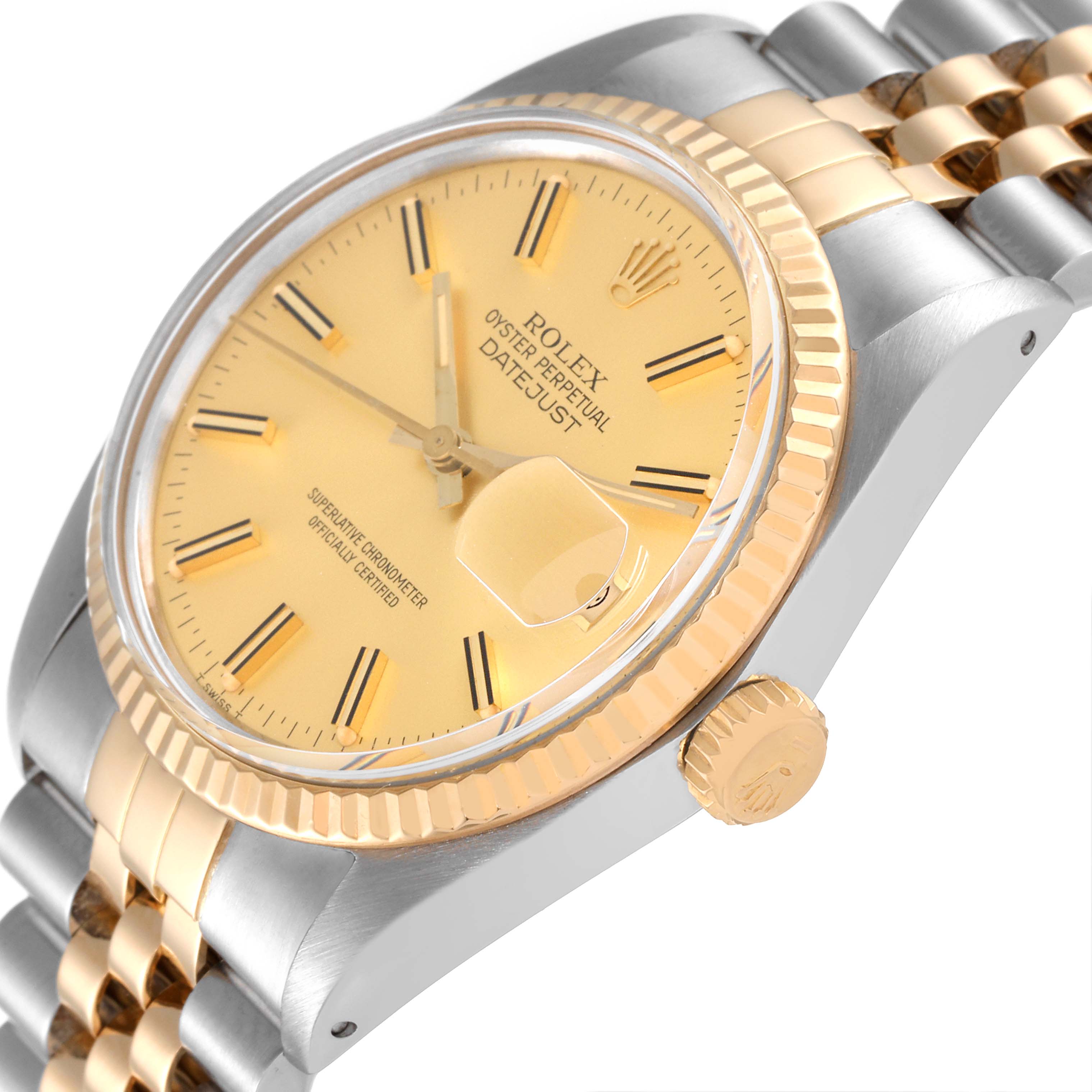 The Rolex Vintage Collection 16013 Men
s Steel and Gold (two tone) Champagne Dial 16013 Men
s Steel and Gold (two tone) Champagne Dial model is shown at an angled view, highlighting the face, bezel, crown, and part of the bracelet.