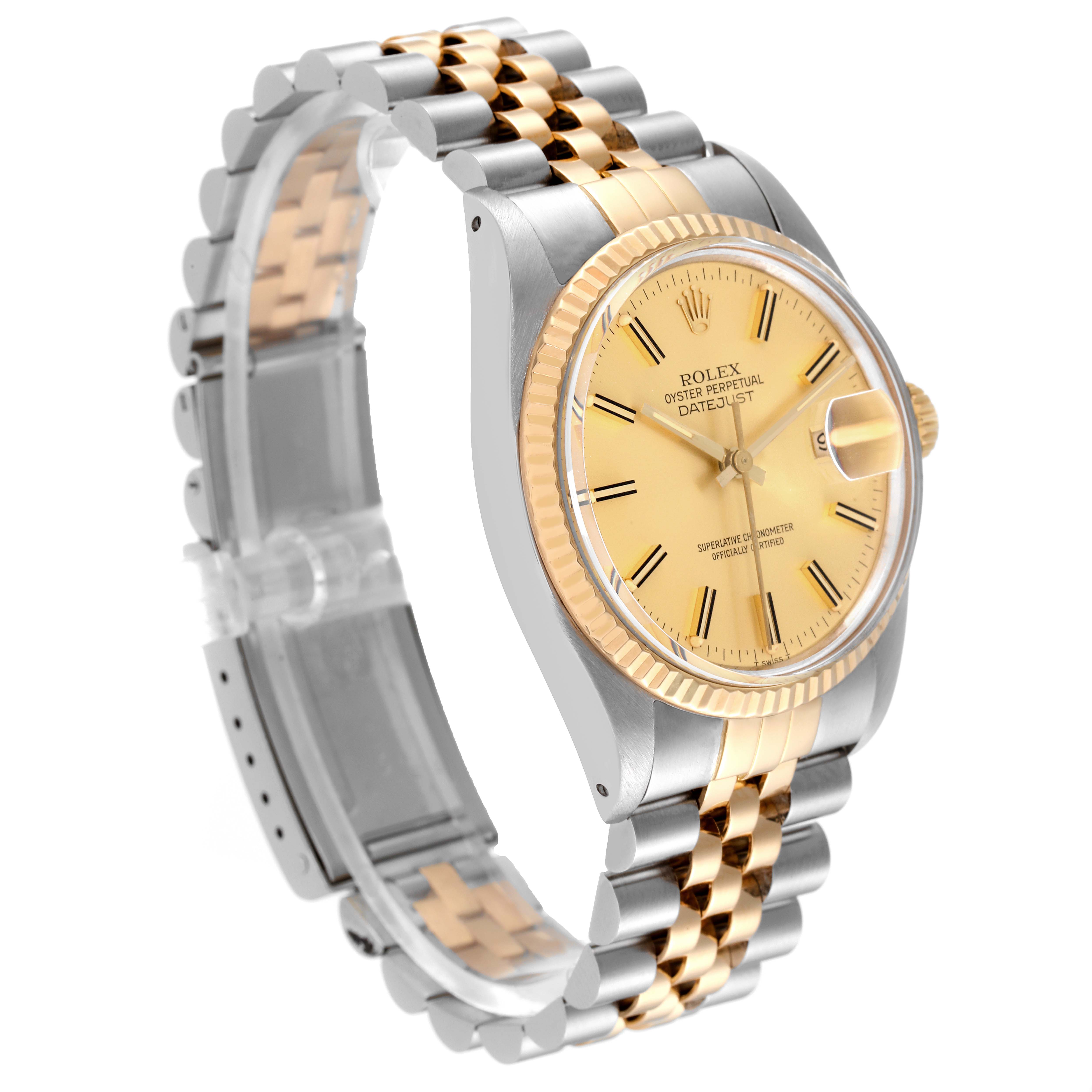The Rolex Vintage Collection 16013 Men
s Steel and Gold (two tone) Champagne Dial 16013 Men
s Steel and Gold (two tone) Champagne Dial model is shown at a three-quarter angle highlighting its gold dial, bezel, and two-tone bracelet.