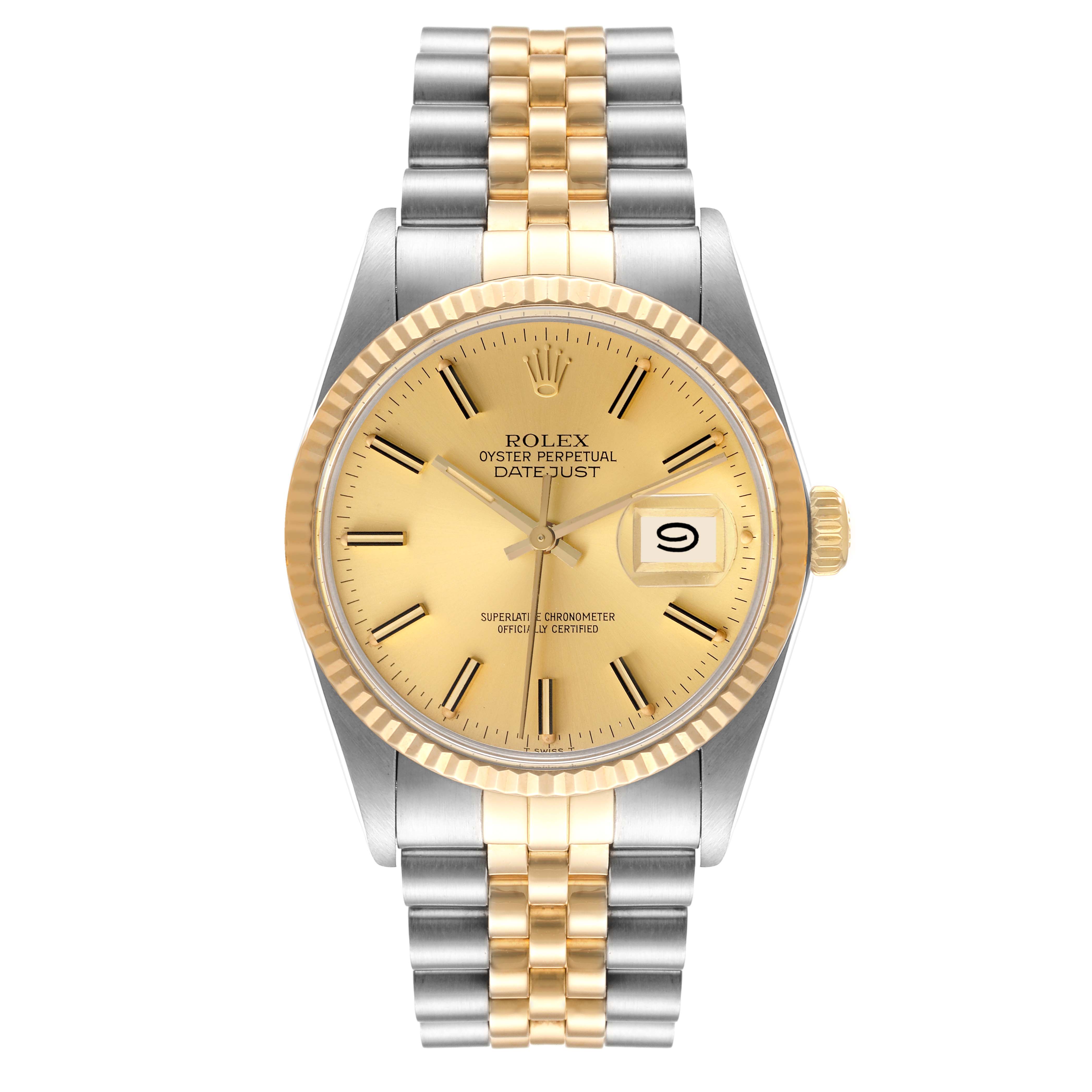 This image shows a front view of the Rolex Vintage Collection 16013 Men
s Steel and Gold (two tone) Champagne Dial 16013 Men
s Steel and Gold (two tone) Champagne Dial Oyster Perpetual Datejust watch, highlighting its gold dial and two-tone bracelet.