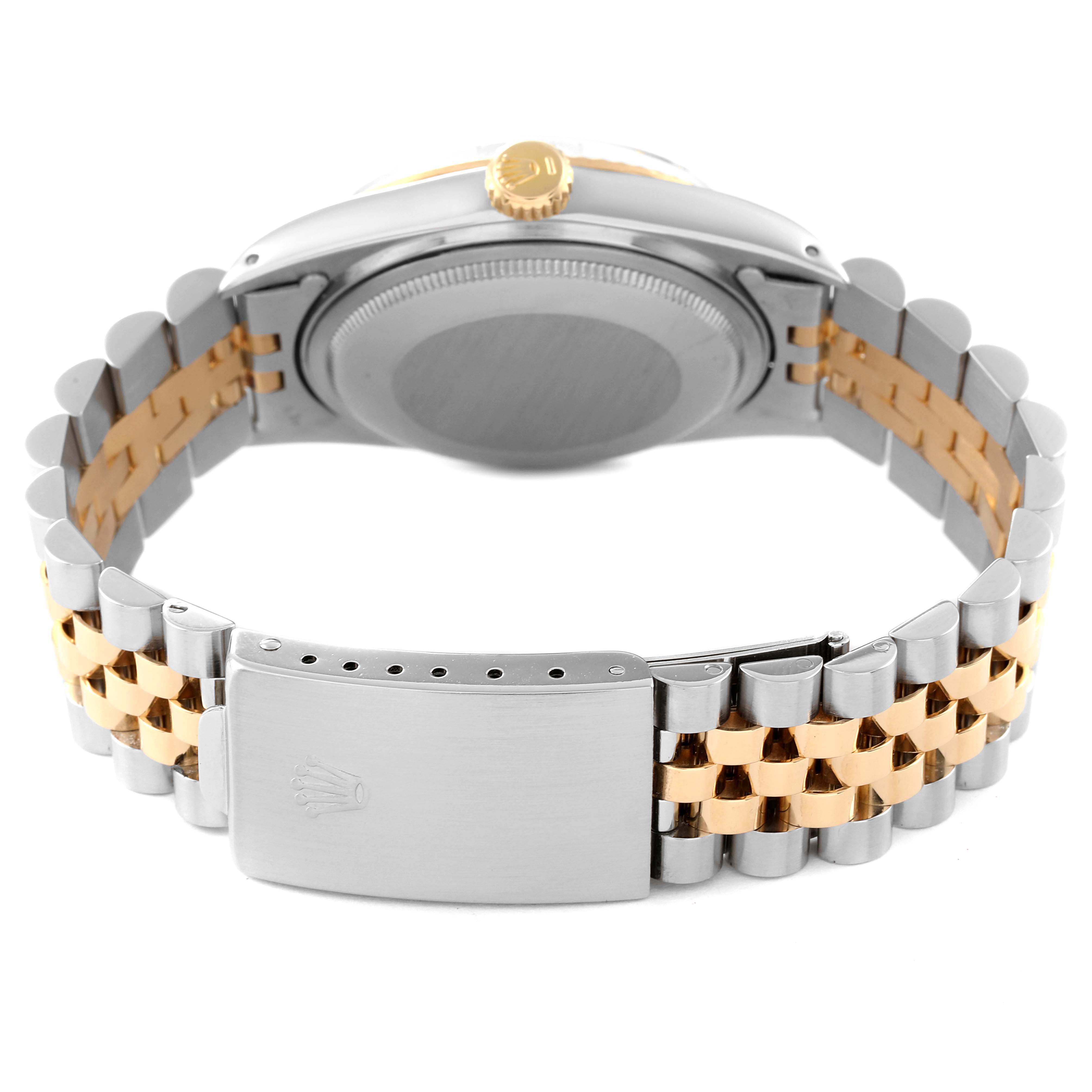 The image shows the back and bracelet of the Rolex Vintage Collection 16013 Men
s Steel and Gold (two tone) Champagne Dial 16013 Men
s Steel and Gold (two tone) Champagne Dial model, focusing on the clasp and crown.