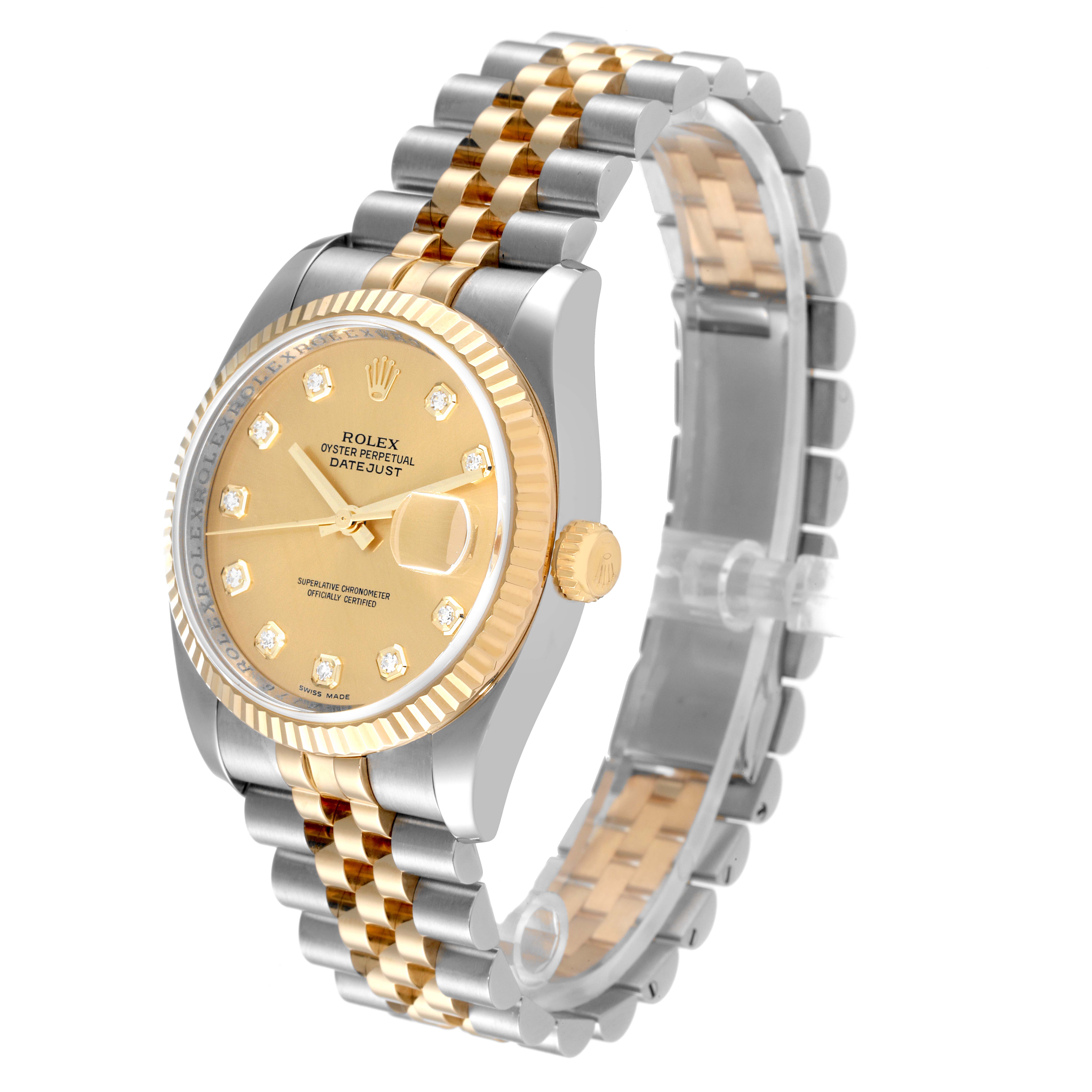 The Rolex Datejust 116233 Men's Steel and Gold (two tone) Champagne Dial 116233 Men's Steel and Gold (two tone) Champagne Dial watch is shown at an angle displaying the face, bezel, crown, and two-tone bracelet.