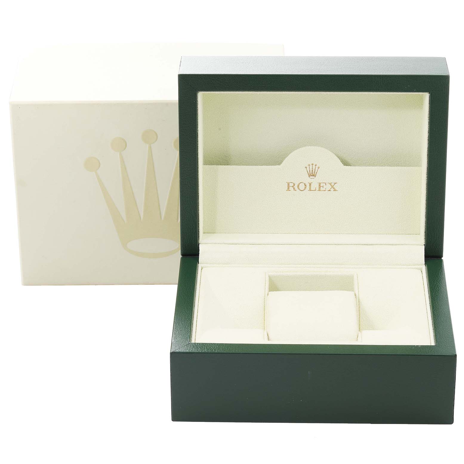 The image shows an open green and cream-colored Rolex Datejust 116233 Men's Steel and Gold (two tone) Champagne Dial 116233 Men's Steel and Gold (two tone) Champagne Dial watch box at a front angle, with the Rolex logo visible inside.