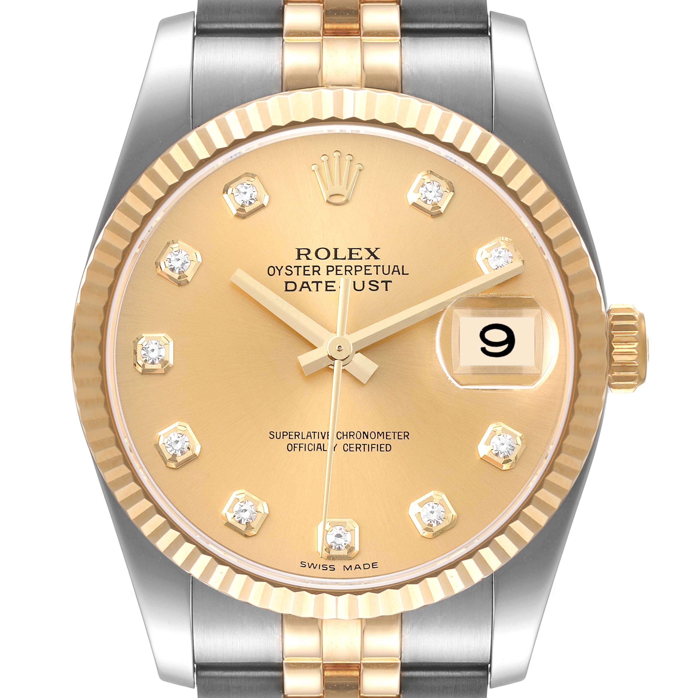 The image shows a frontal view of a Rolex Datejust 116233 Men's Steel and Gold (two tone) Champagne Dial 116233 Men's Steel and Gold (two tone) Champagne Dial watch showcasing its dial, bezel, crown, and part of the bracelet.