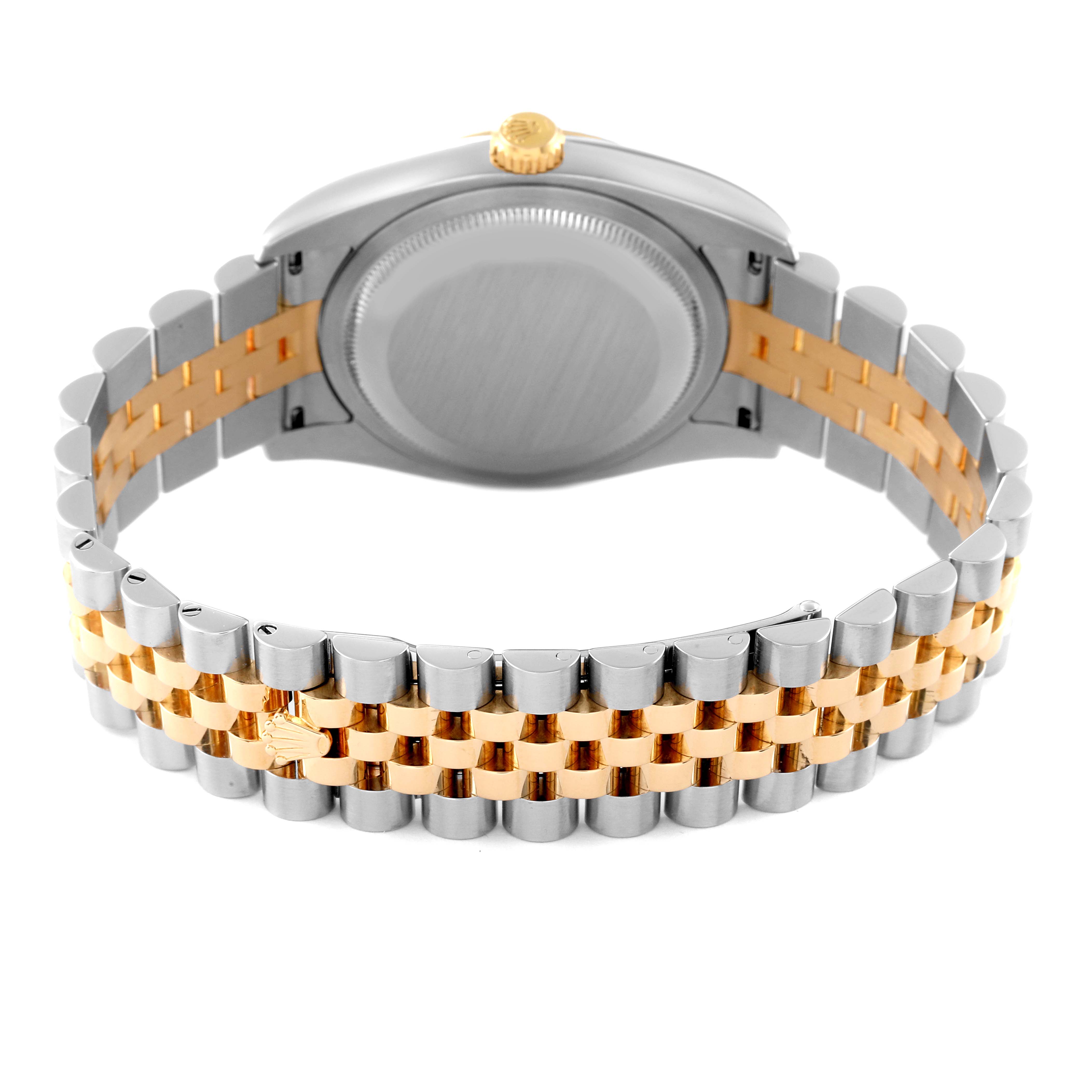 This image shows the back case and Jubilee bracelet of the Rolex Datejust 116233 Men's Steel and Gold (two tone) Champagne Dial 116233 Men's Steel and Gold (two tone) Champagne Dial watch.