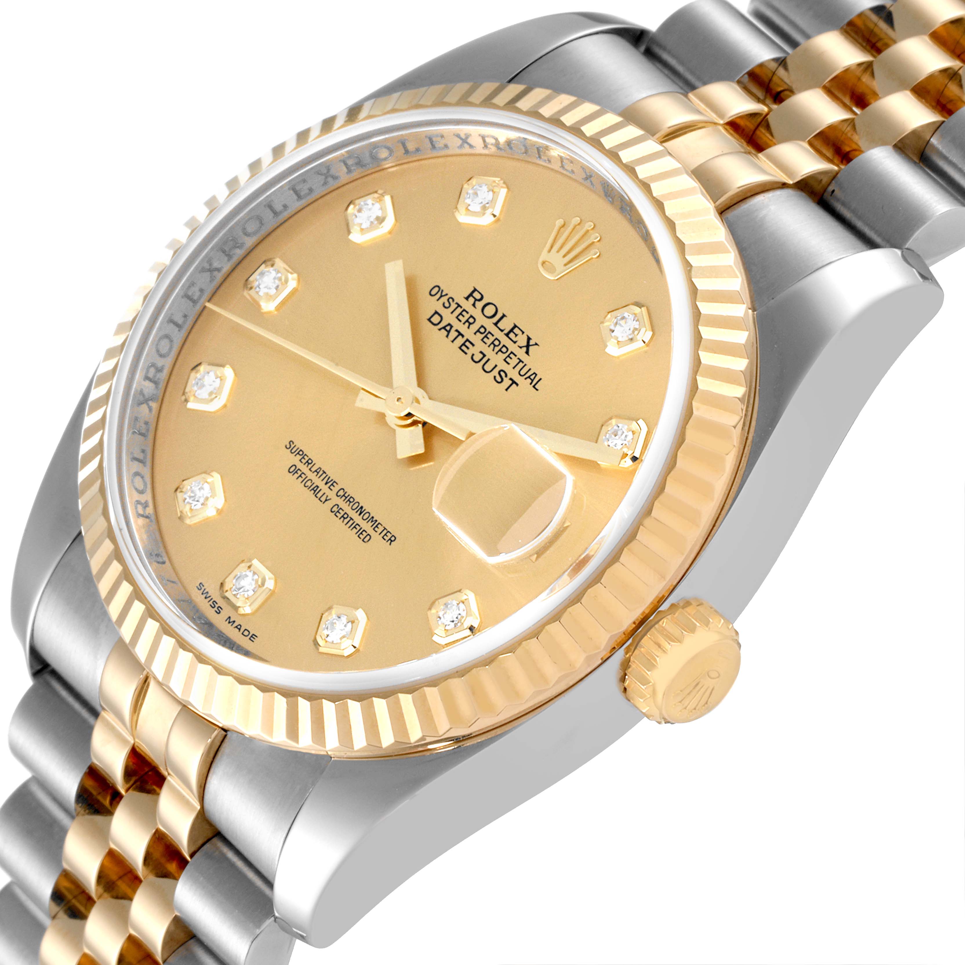 The image shows a side and angled view of a Rolex Datejust 116233 Men's Steel and Gold (two tone) Champagne Dial 116233 Men's Steel and Gold (two tone) Champagne Dial watch, highlighting the dial, bezel, crown, and bracelet.