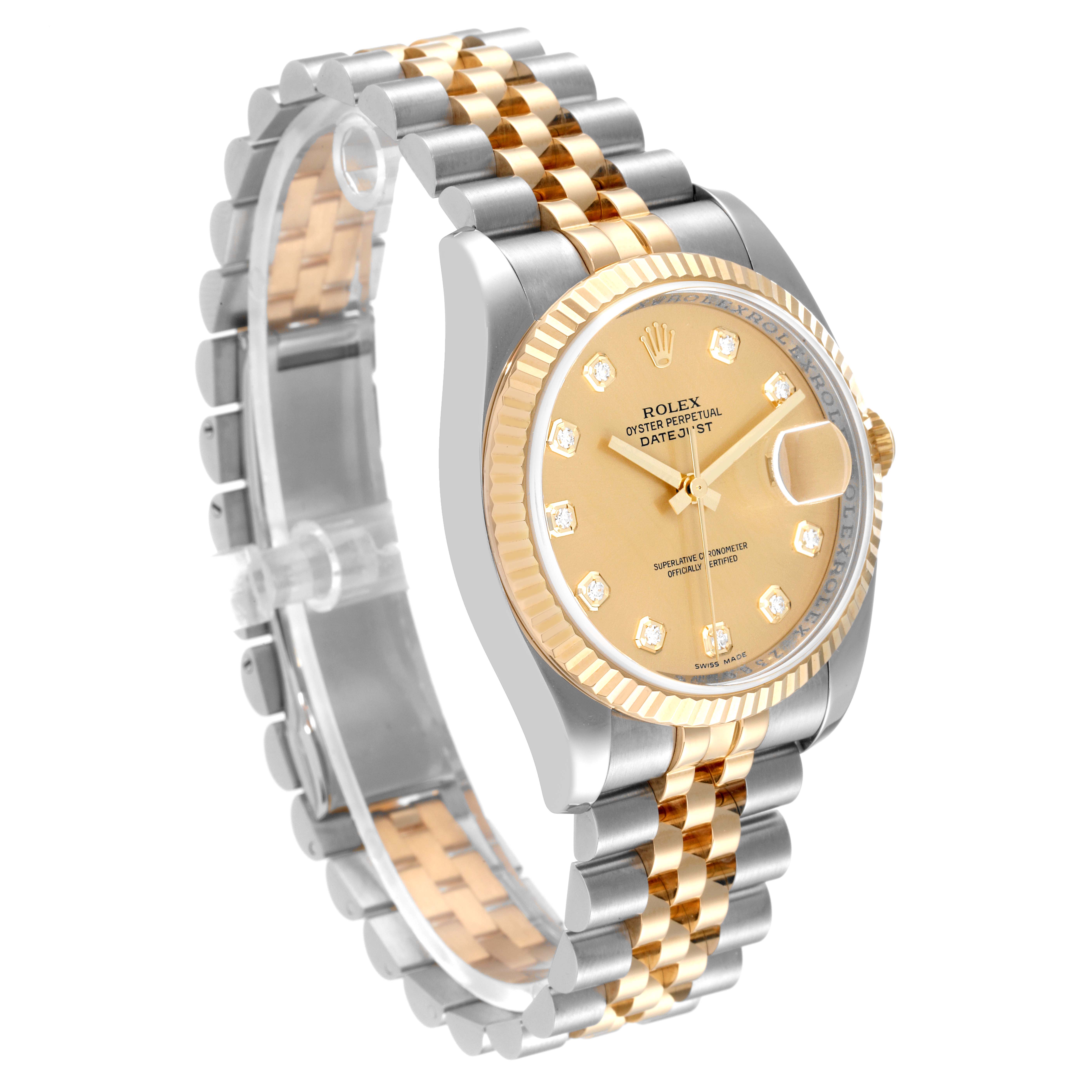 The Rolex Datejust 116233 Men's Steel and Gold (two tone) Champagne Dial 116233 Men's Steel and Gold (two tone) Champagne Dial watch is shown at a three-quarter angle, displaying the dial, band, and side view.