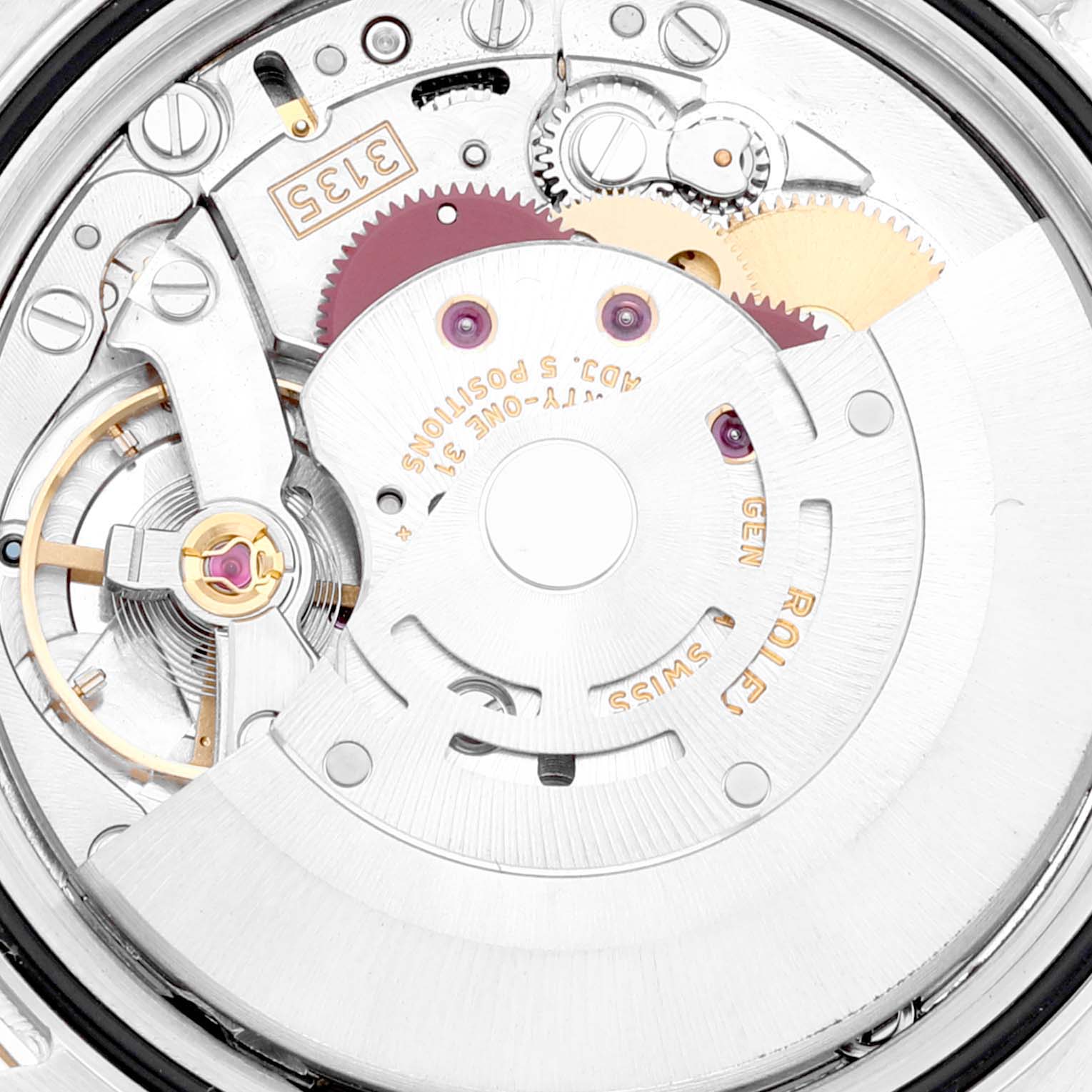 This image shows a close-up of the movement and internal mechanics of a Rolex Datejust 116233 Men's Steel and Gold (two tone) Champagne Dial 116233 Men's Steel and Gold (two tone) Champagne Dial watch.