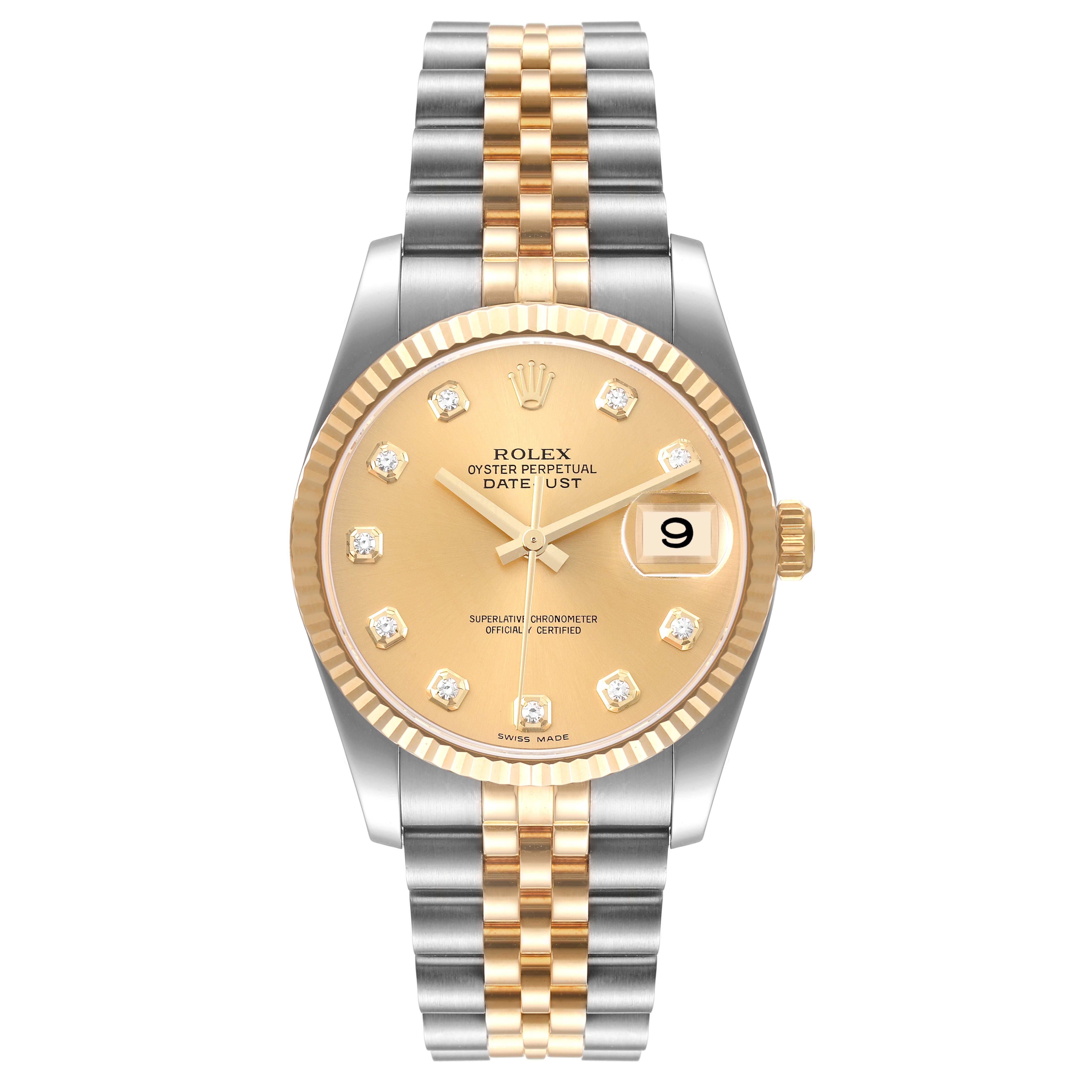 This image shows a front view of a Rolex Datejust 116233 Men's Steel and Gold (two tone) Champagne Dial 116233 Men's Steel and Gold (two tone) Champagne Dial watch with a gold and silver bracelet and a gold dial.