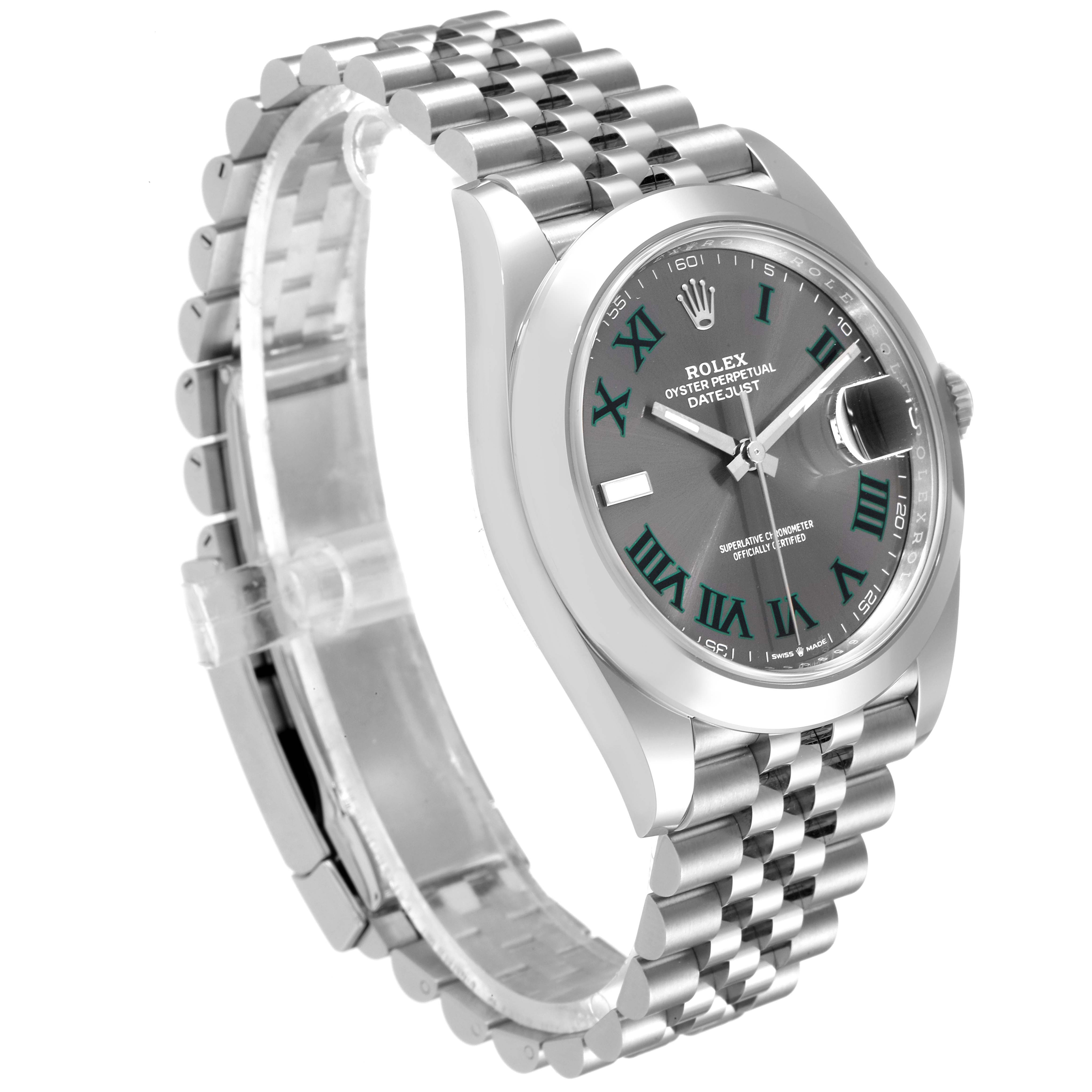 The Rolex Datejust 41 126300 Men
s Stainless Steel Grey Dial 126300 Men
s Stainless Steel Grey Dial watch is shown at a slight angle, displaying its face, bezel, crown, and the majority of its bracelet.