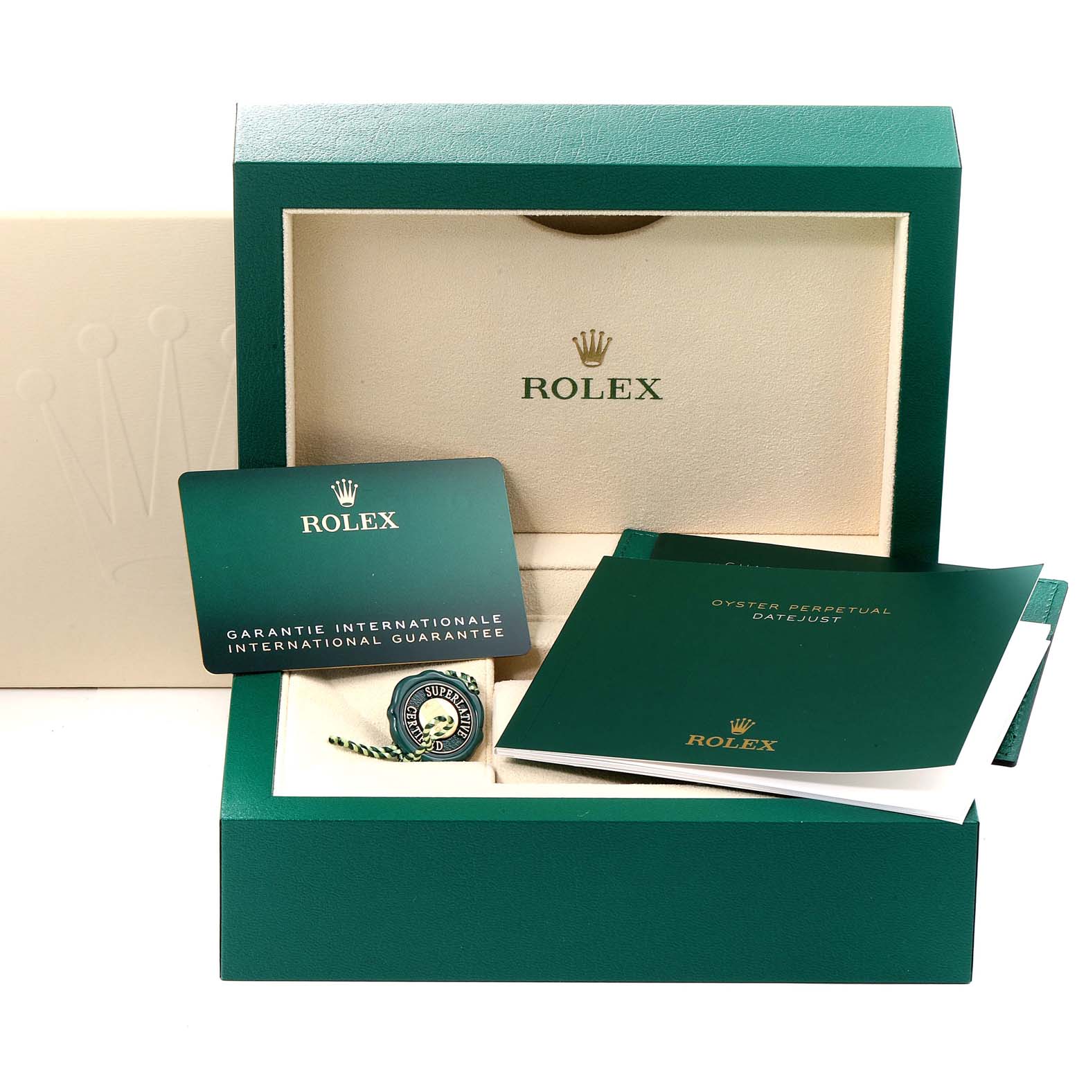 This image showcases the packaging, warranty card, and manuals for a Rolex Datejust 41 126300 Men
s Stainless Steel Grey Dial 126300 Men
s Stainless Steel Grey Dial watch.