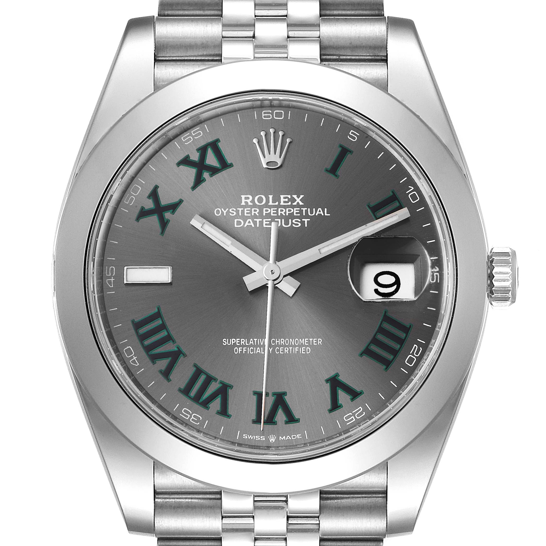 The Rolex Datejust 41 126300 Men
s Stainless Steel Grey Dial 126300 Men
s Stainless Steel Grey Dial watch is shown from a front angle, displaying the watch face, bezel, and bracelet.