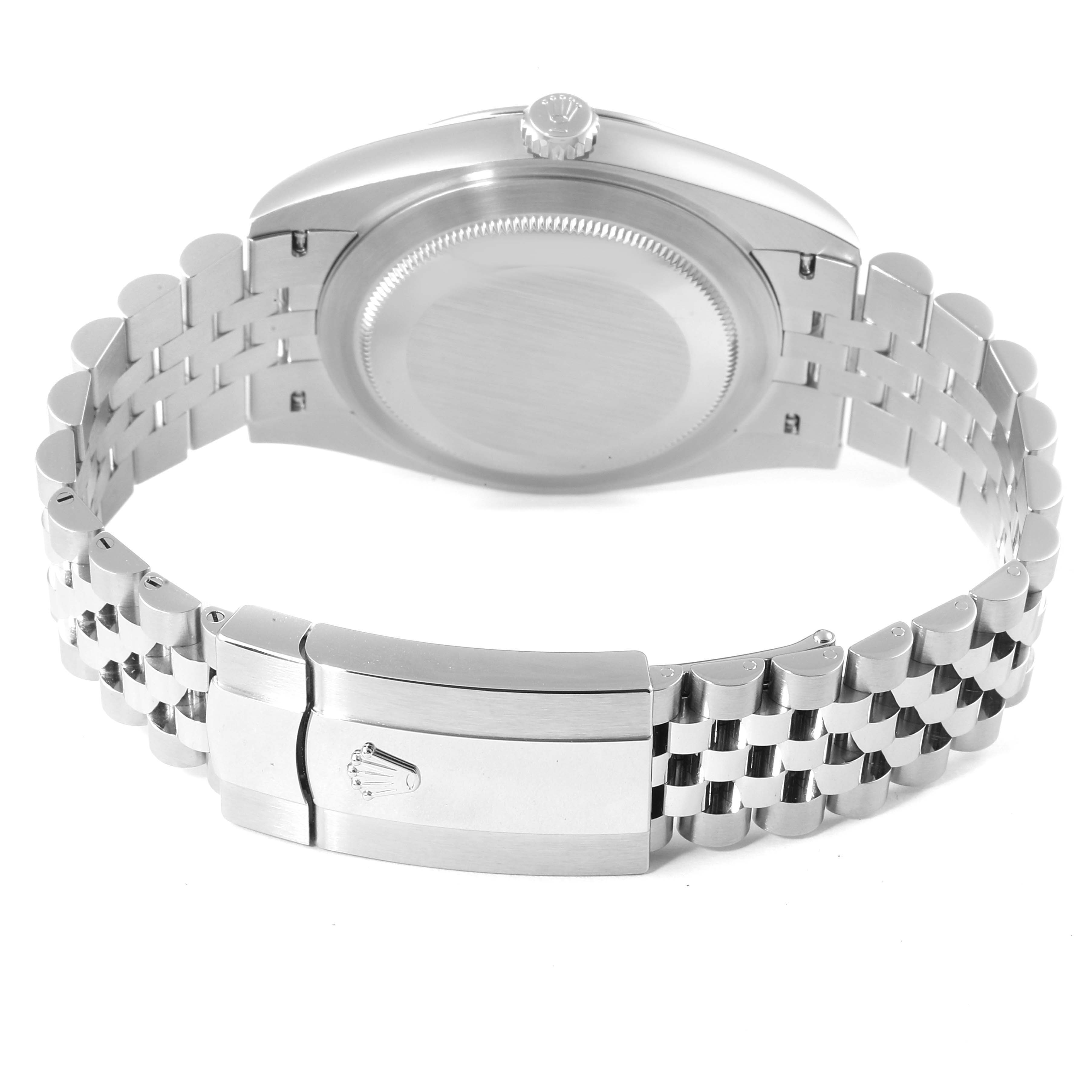 The image shows the back view of a Rolex Datejust 41 126300 Men
s Stainless Steel Grey Dial 126300 Men
s Stainless Steel Grey Dial, featuring the bracelet and clasp.