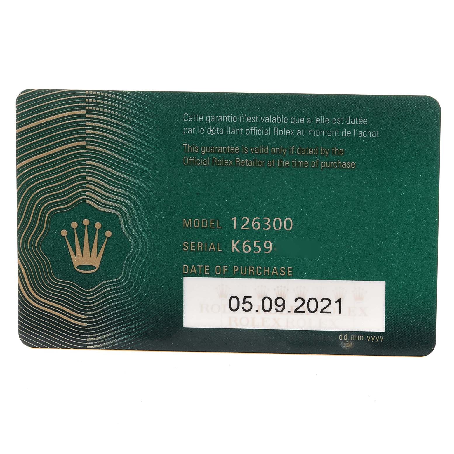 The image shows a Rolex warranty card for the Datejust 41 model, including details like serial number and purchase date.