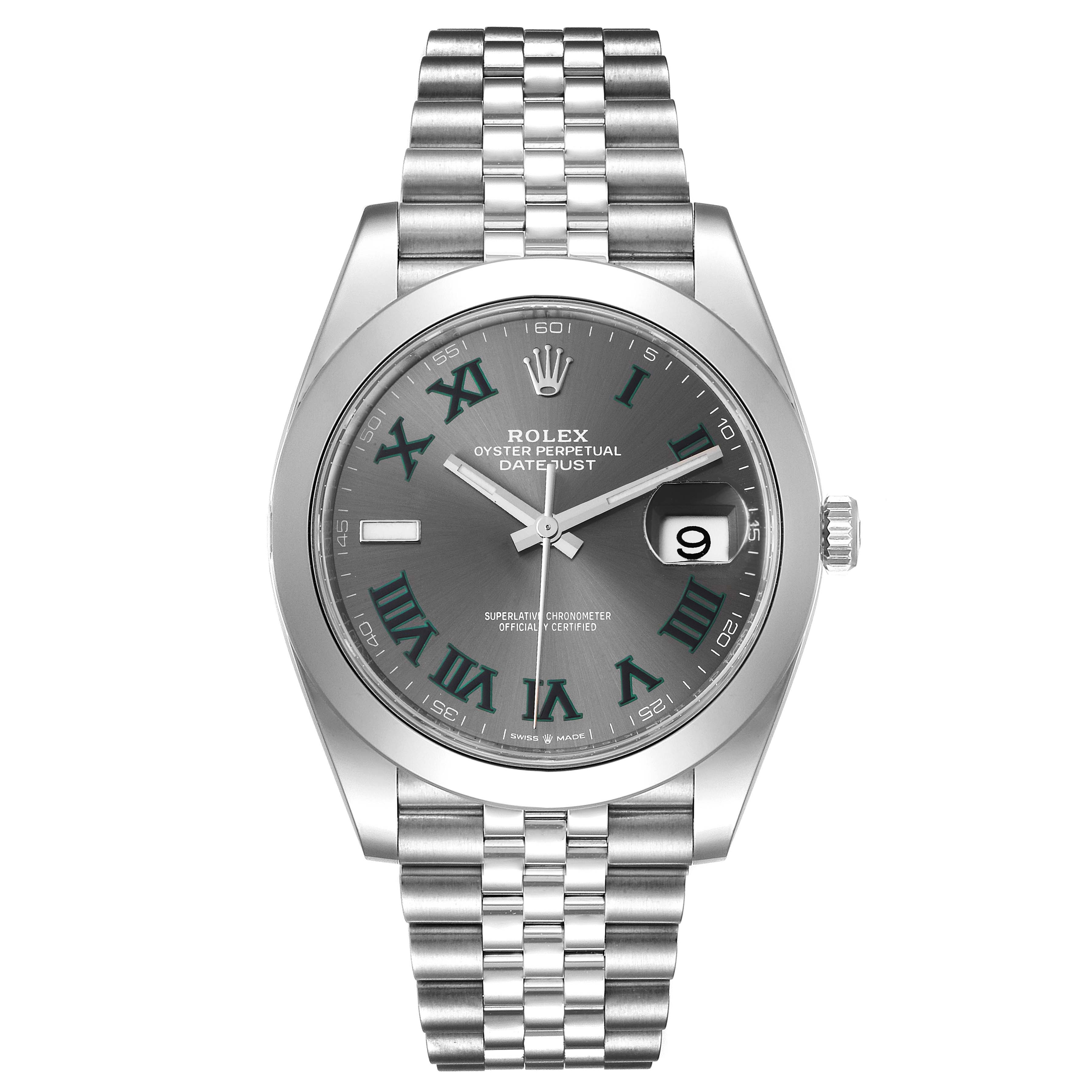This image shows a front view of the Rolex Datejust 41 126300 Men
s Stainless Steel Grey Dial 126300 Men
s Stainless Steel Grey Dial, highlighting the dial, hands, date window, and bracelet.
