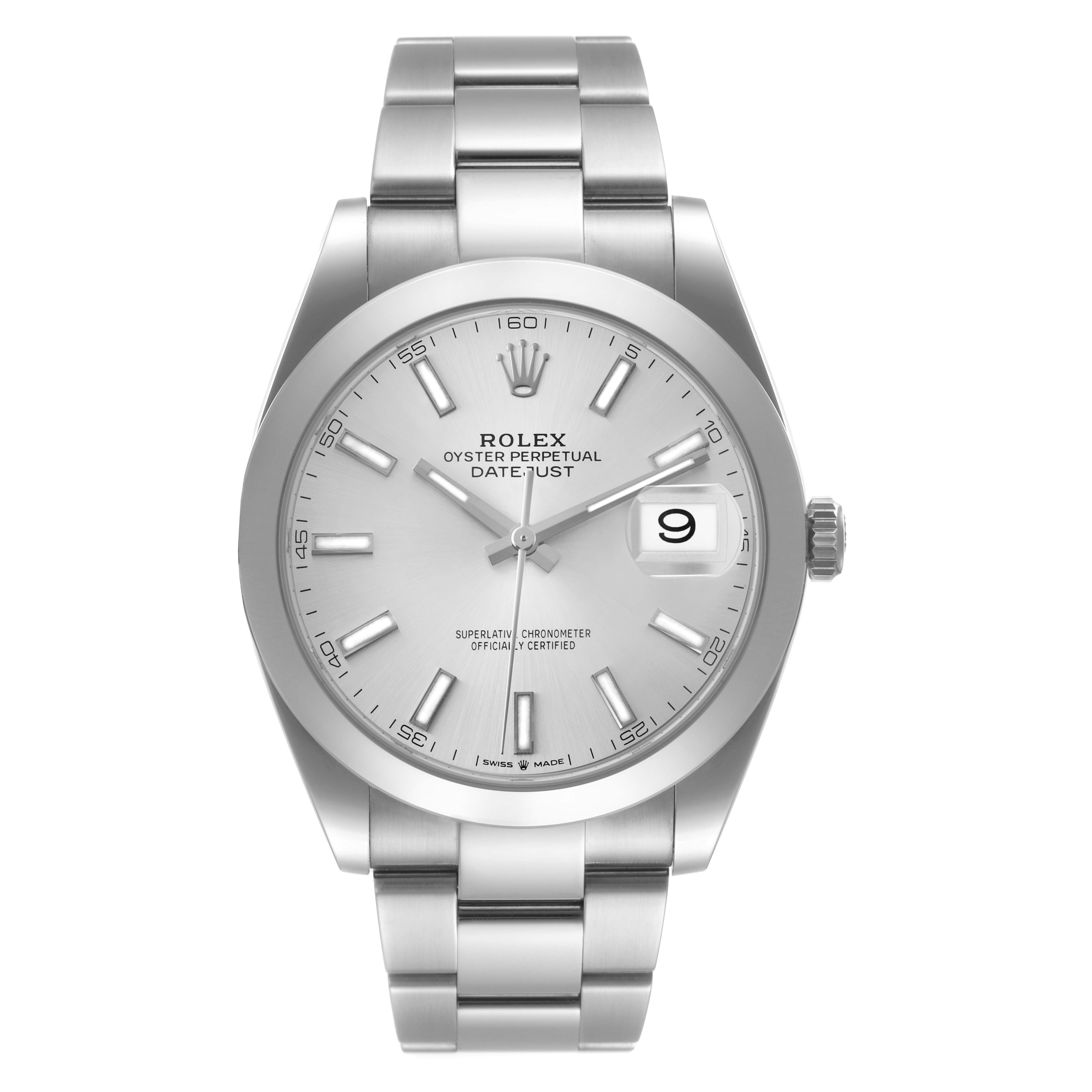The image shows a front view of the Rolex Datejust 41 126300 Men's Stainless Steel Silver Dial 126300 Men's Stainless Steel Silver Dial model watch, showcasing the dial, hands, date window, and bracelet.