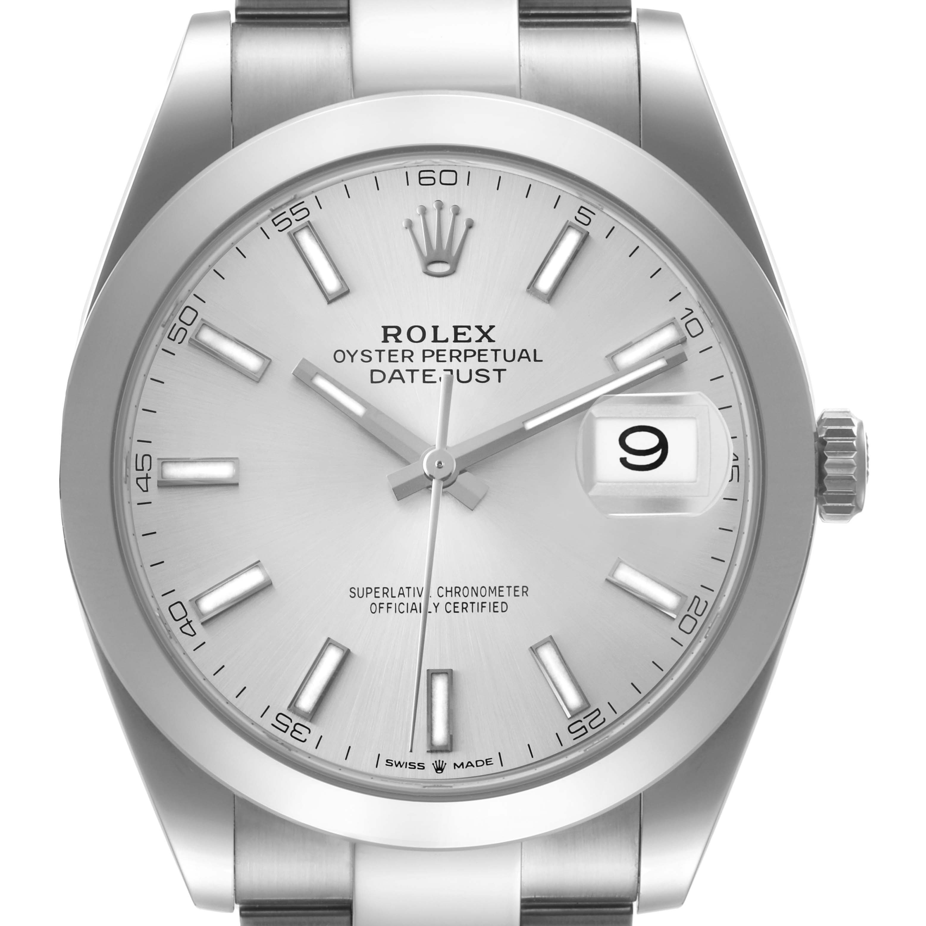 The image shows a front view of the Rolex Datejust 41 126300 Men's Stainless Steel Silver Dial 126300 Men's Stainless Steel Silver Dial watch, highlighting its dial, hour markers, and date window.