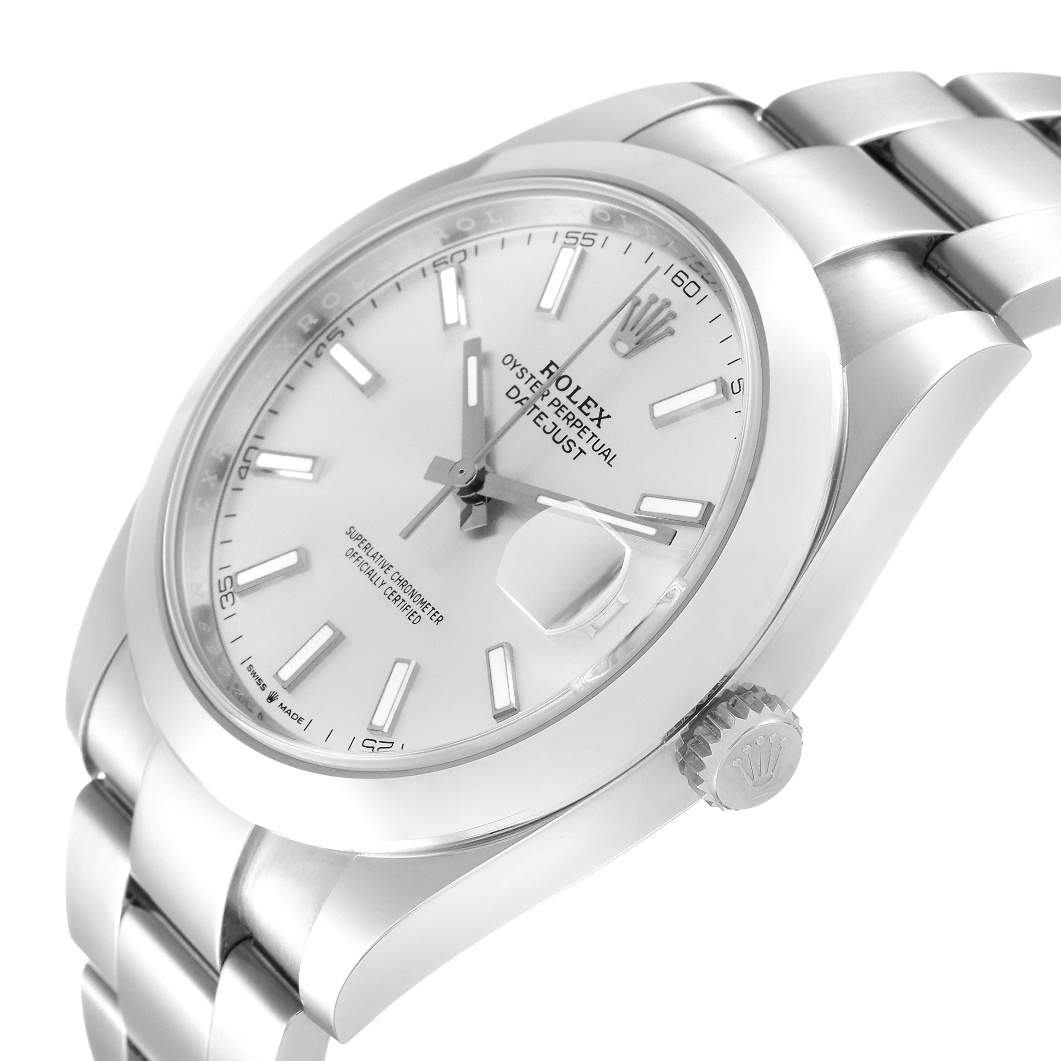 The Rolex Datejust 41 126300 Men's Stainless Steel Silver Dial 126300 Men's Stainless Steel Silver Dial watch is shown at a slight side angle, highlighting the dial, bezel, case, and part of the bracelet.