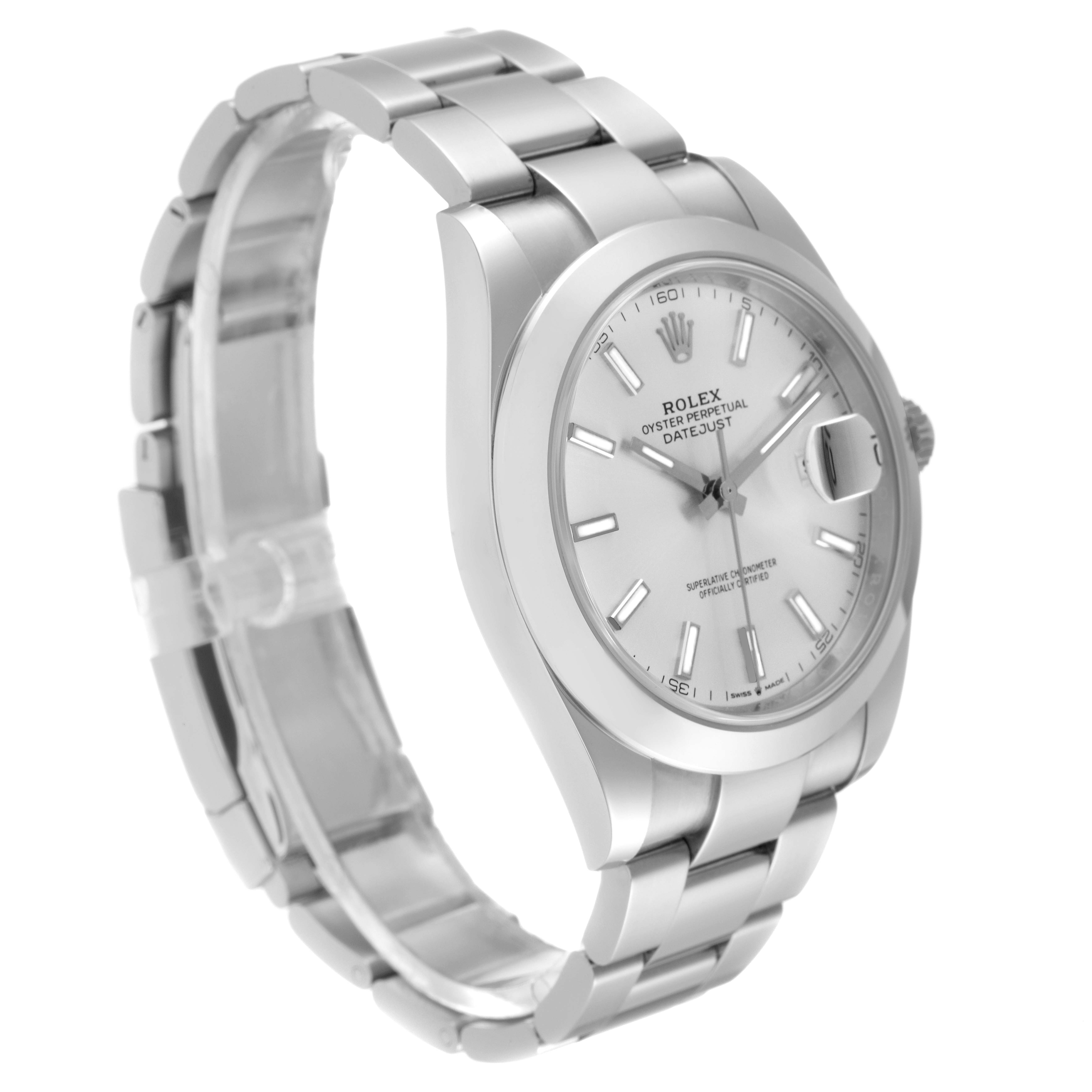 This image shows a Rolex Datejust 41 126300 Men's Stainless Steel Silver Dial 126300 Men's Stainless Steel Silver Dial model at a three-quarter angle, highlighting the watch face and metal bracelet.