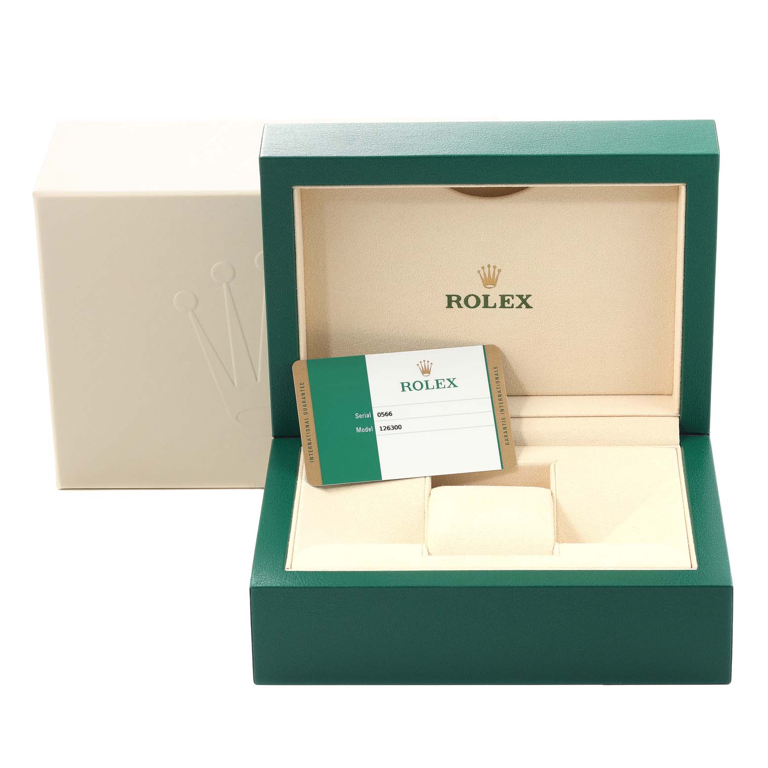 This image shows the open box and authenticity card for a Rolex Datejust 41 126300 Men's Stainless Steel Silver Dial 126300 Men's Stainless Steel Silver Dial model.