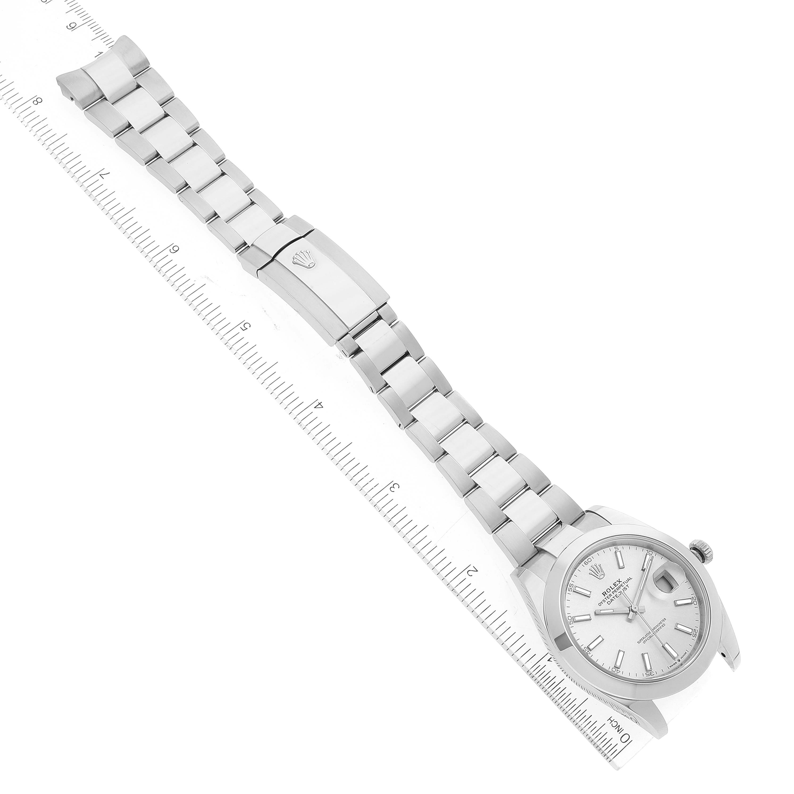 Shown from a top-down angle, this image displays the full length of a Rolex Datejust 41 126300 Men's Stainless Steel Silver Dial 126300 Men's Stainless Steel Silver Dial watch including its bracelet and case.