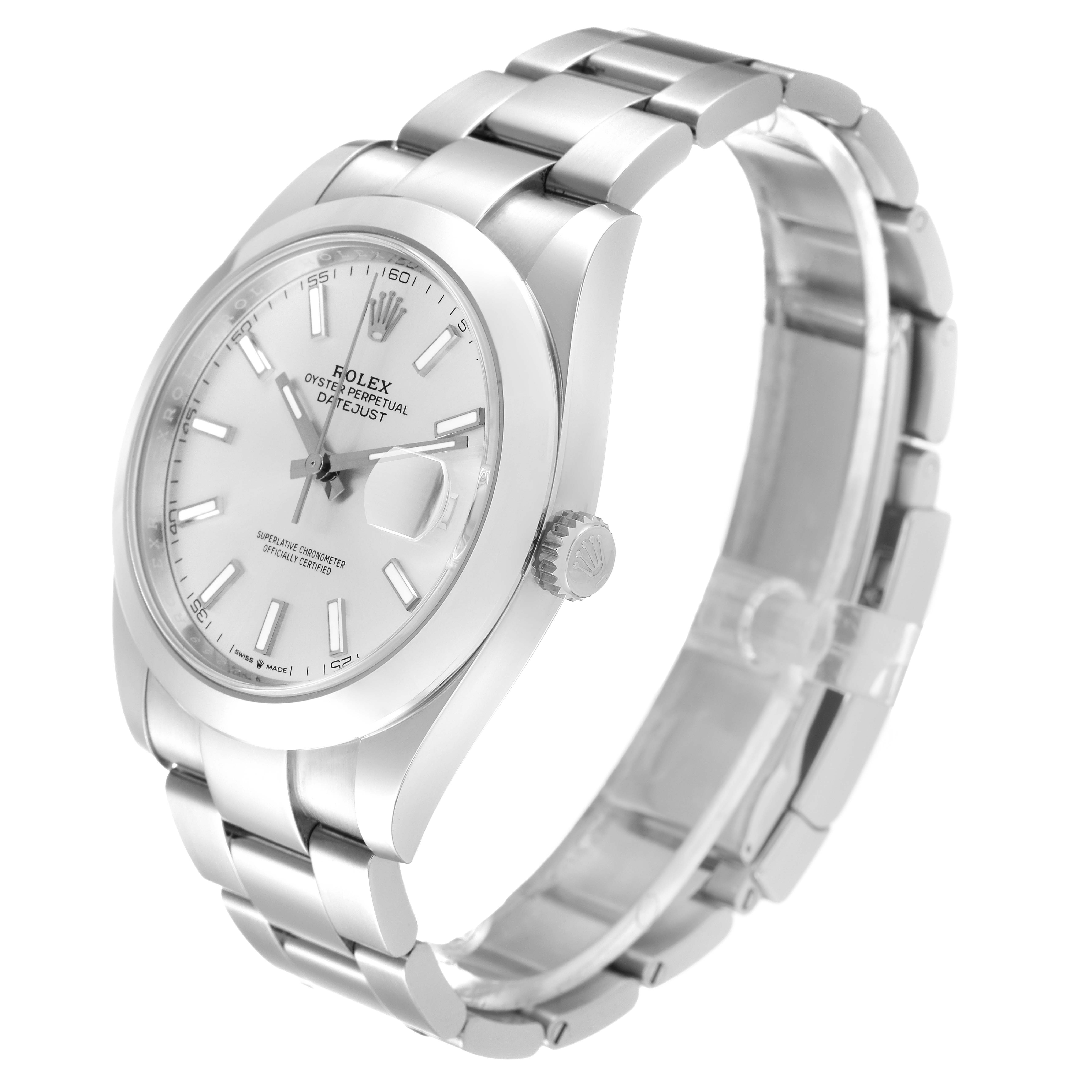 The Rolex Datejust 41 126300 Men's Stainless Steel Silver Dial 126300 Men's Stainless Steel Silver Dial watch is shown at an angle highlighting the face, bezel, crown, and bracelet.