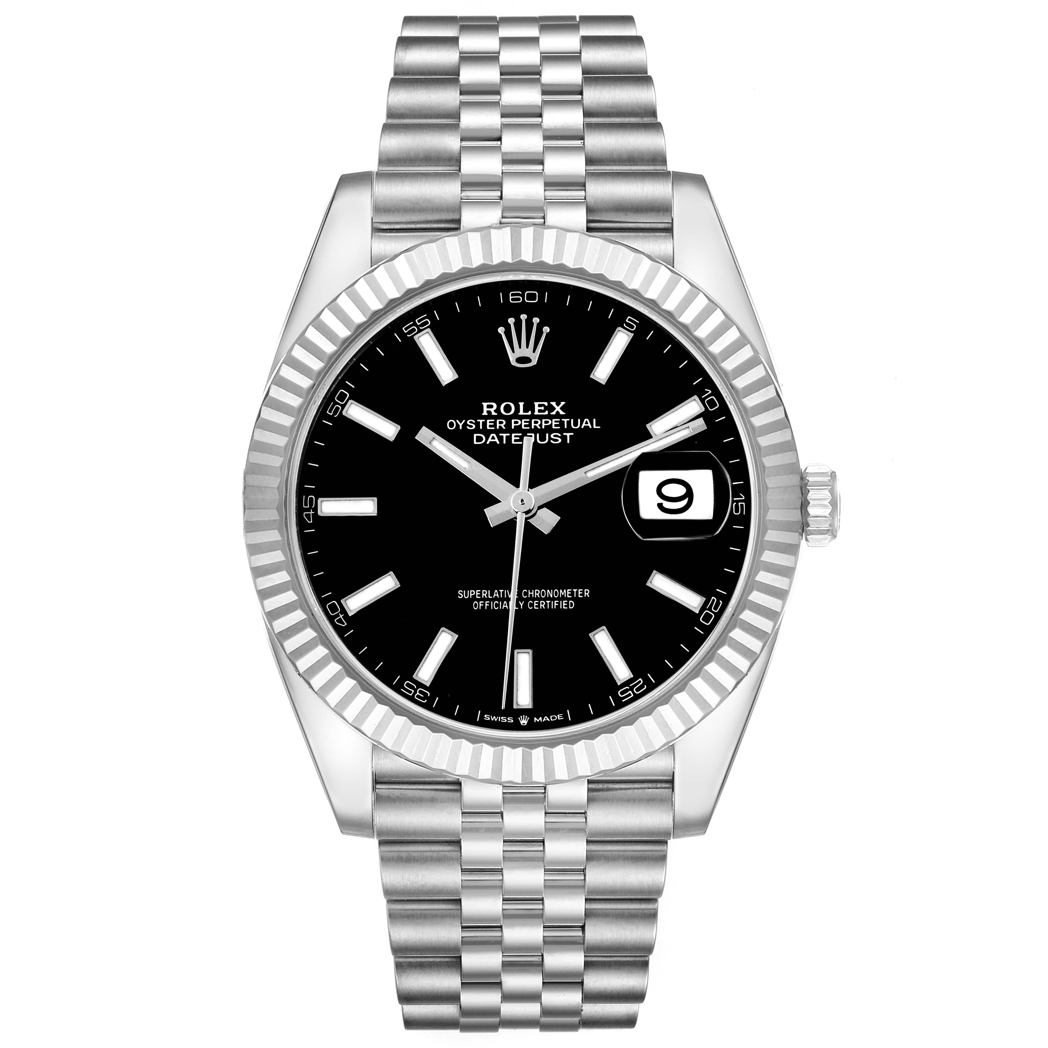 The Rolex Datejust 41 126334 Men's Stainless Steel Black Dial 126334 Men's Stainless Steel Black Dial is shown from the front, displaying the black dial, fluted bezel, and Jubilee bracelet.