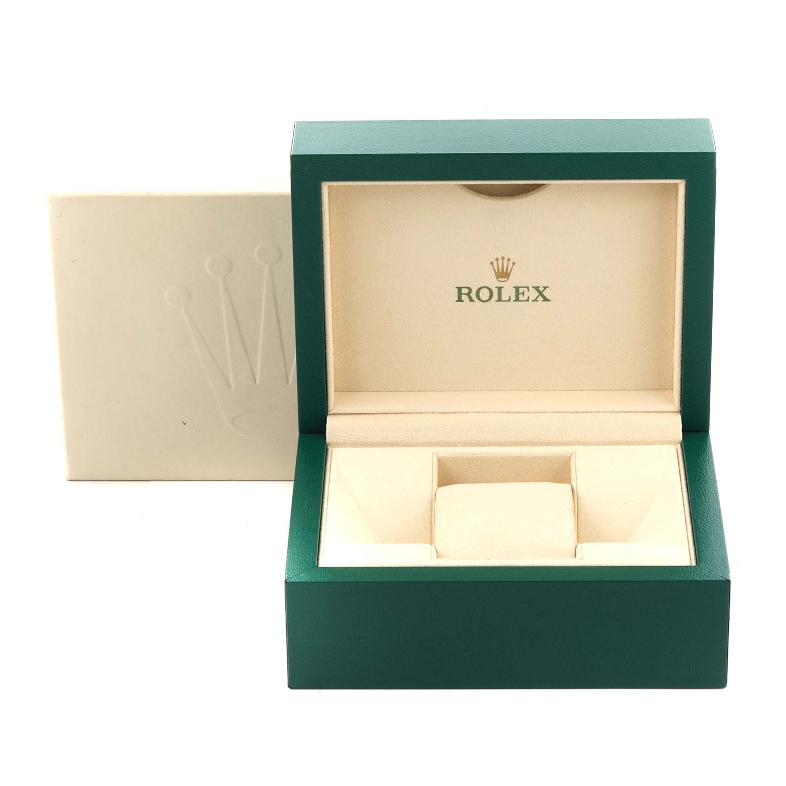The image shows the open box and packaging for a Rolex Datejust 41 126334 Men's Stainless Steel Black Dial 126334 Men's Stainless Steel Black Dial watch, viewed from the front.
