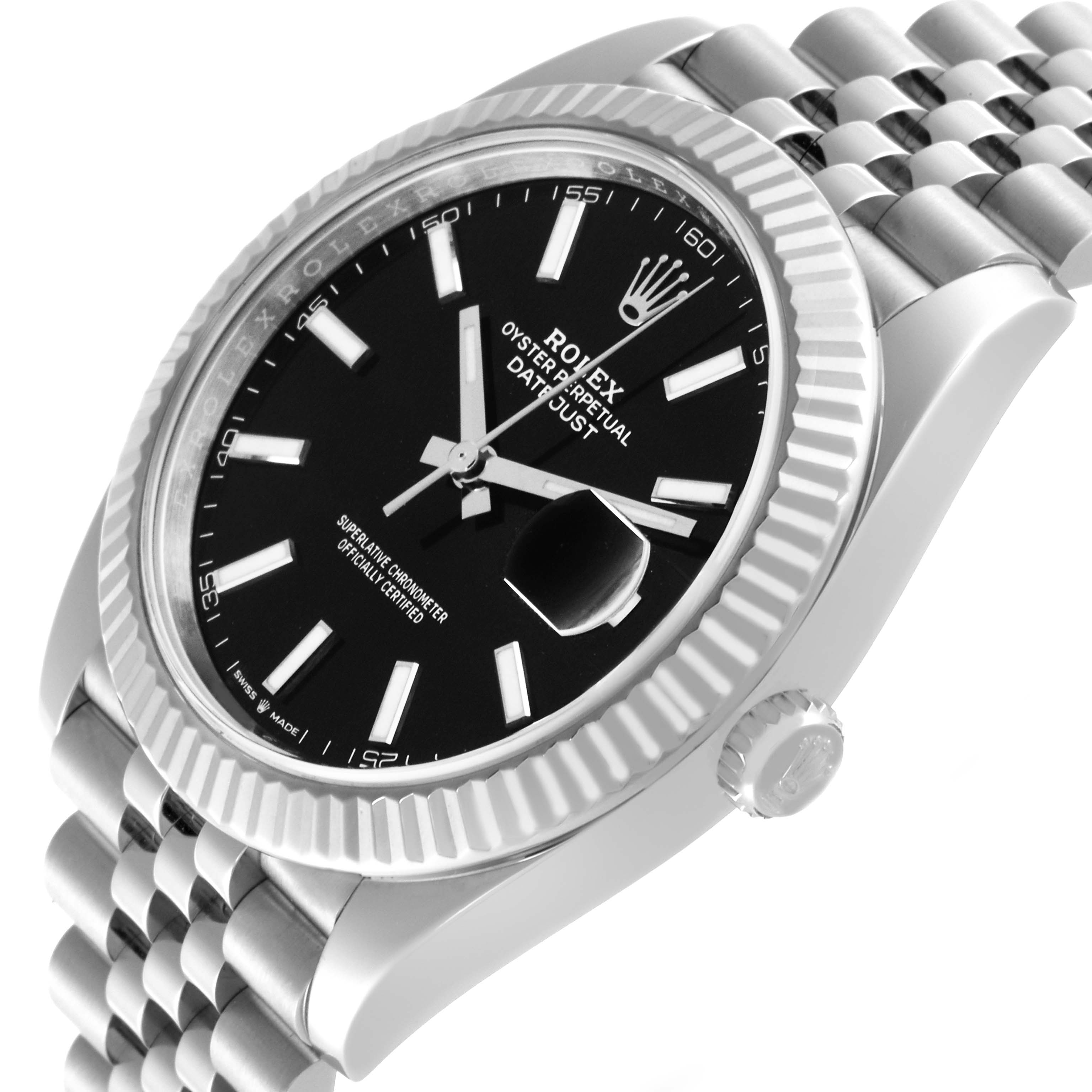 The Rolex Datejust 41 126334 Men's Stainless Steel Black Dial 126334 Men's Stainless Steel Black Dial is shown at a side angle, highlighting the face, bezel, crown, and part of the bracelet.