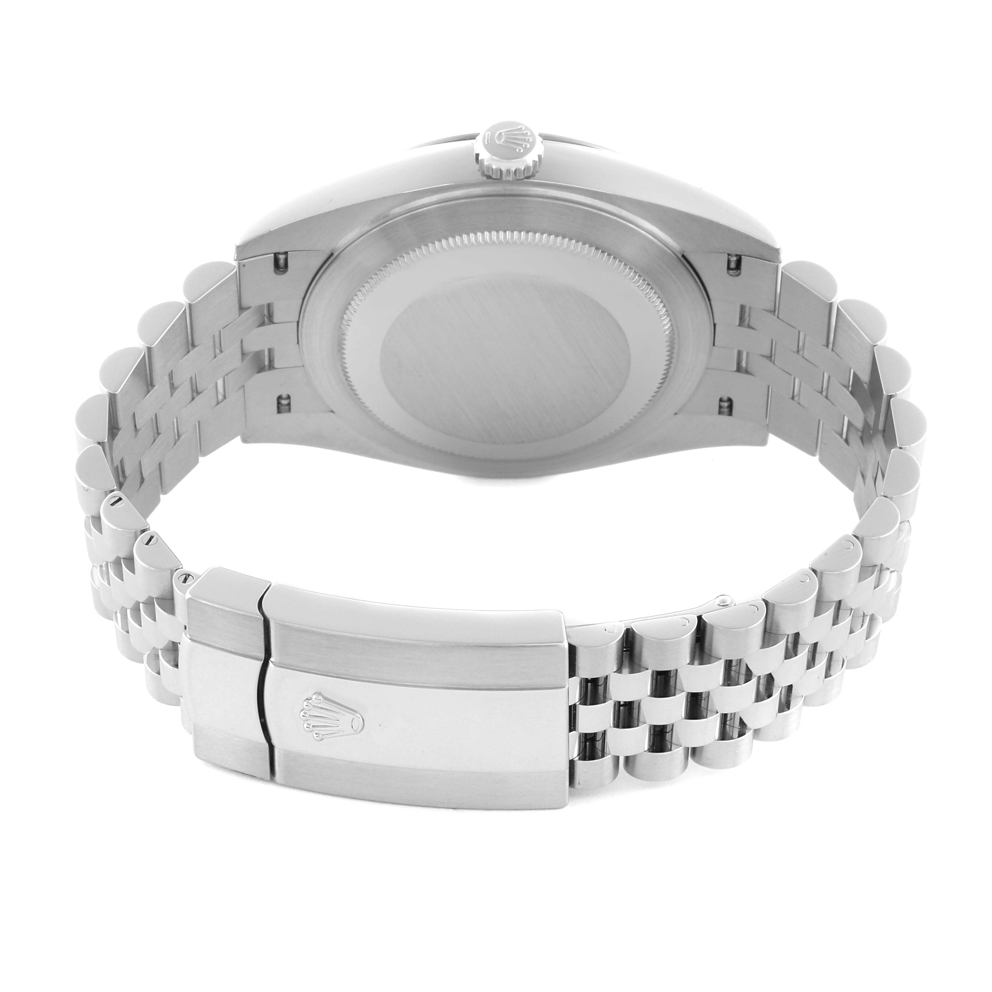 The Rolex Datejust 41 126334 Men's Stainless Steel Black Dial 126334 Men's Stainless Steel Black Dial is shown from the back, highlighting the bracelet and clasp.