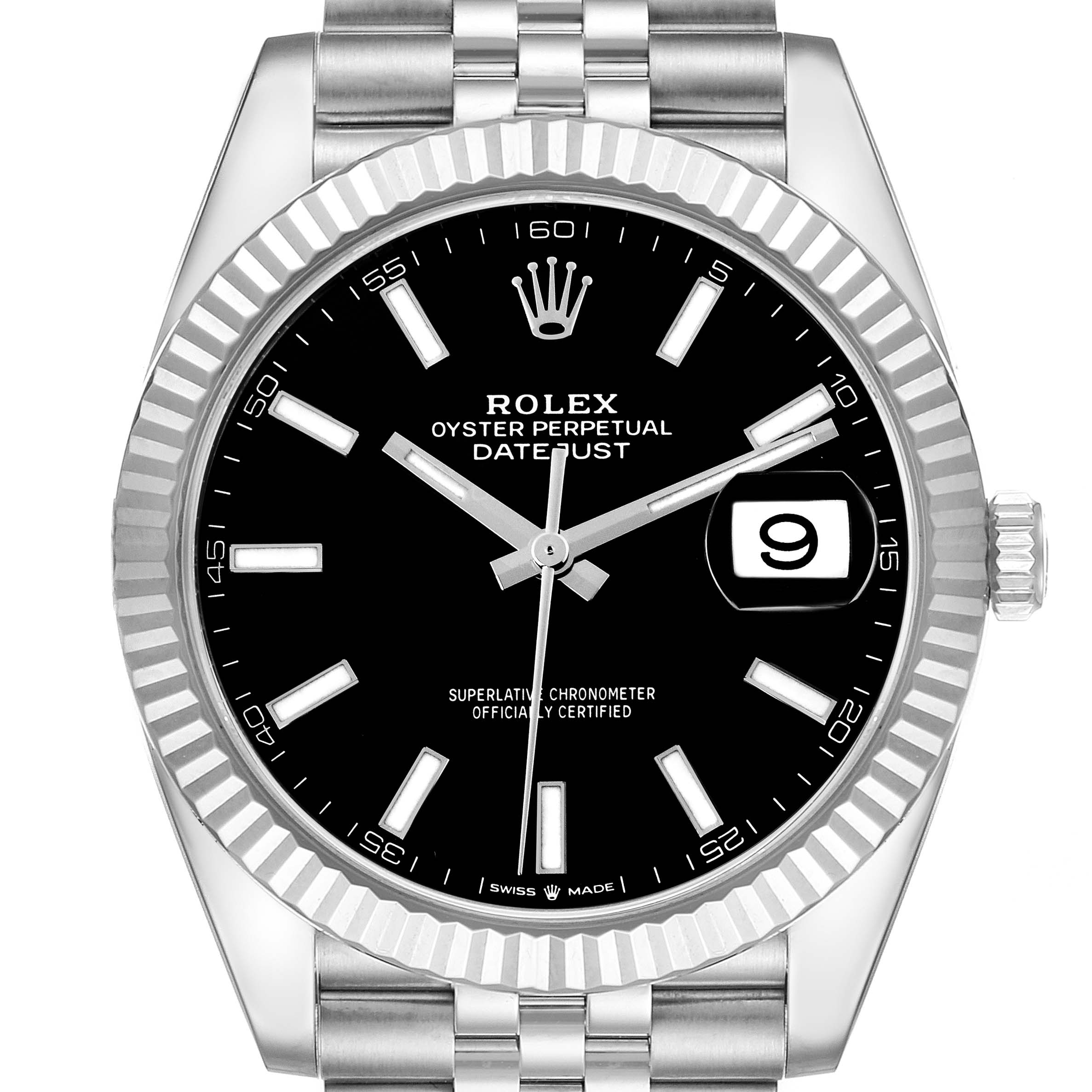 The Rolex Datejust 41 126334 Men's Stainless Steel Black Dial 126334 Men's Stainless Steel Black Dial watch is shown from the front, highlighting the bezel, dial, hands, and bracelet.