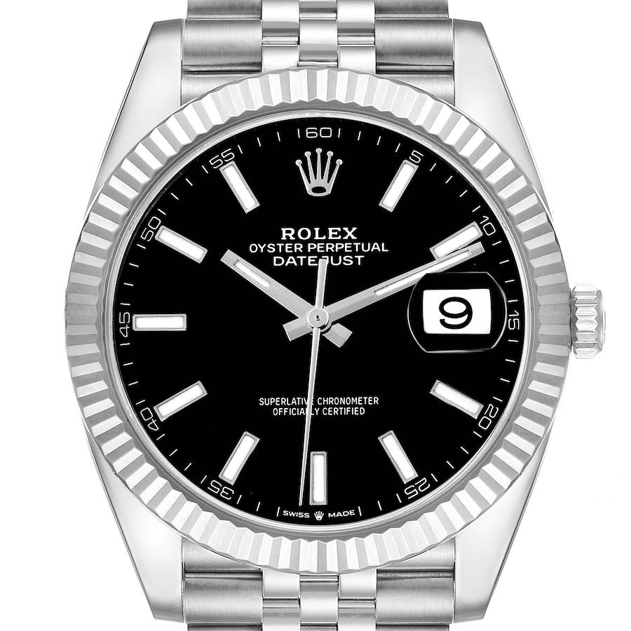 The Rolex Datejust 41 watch is shown from the front, highlighting the bezel, dial, hands, and bracelet.