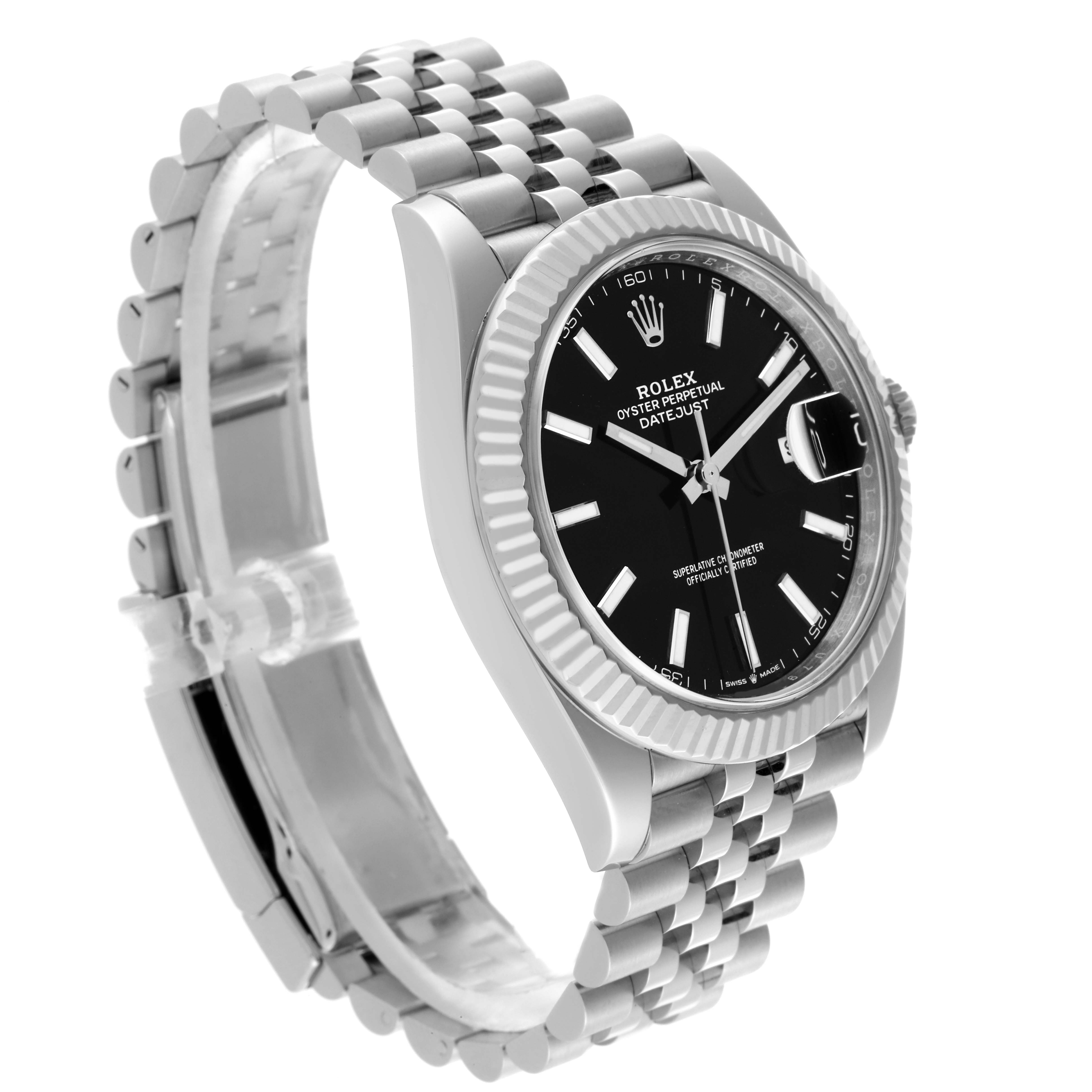 The Rolex Datejust 41 126334 Men's Stainless Steel Black Dial 126334 Men's Stainless Steel Black Dial watch is shown at a slight side angle, highlighting the black dial, fluted bezel, and jubilee bracelet.