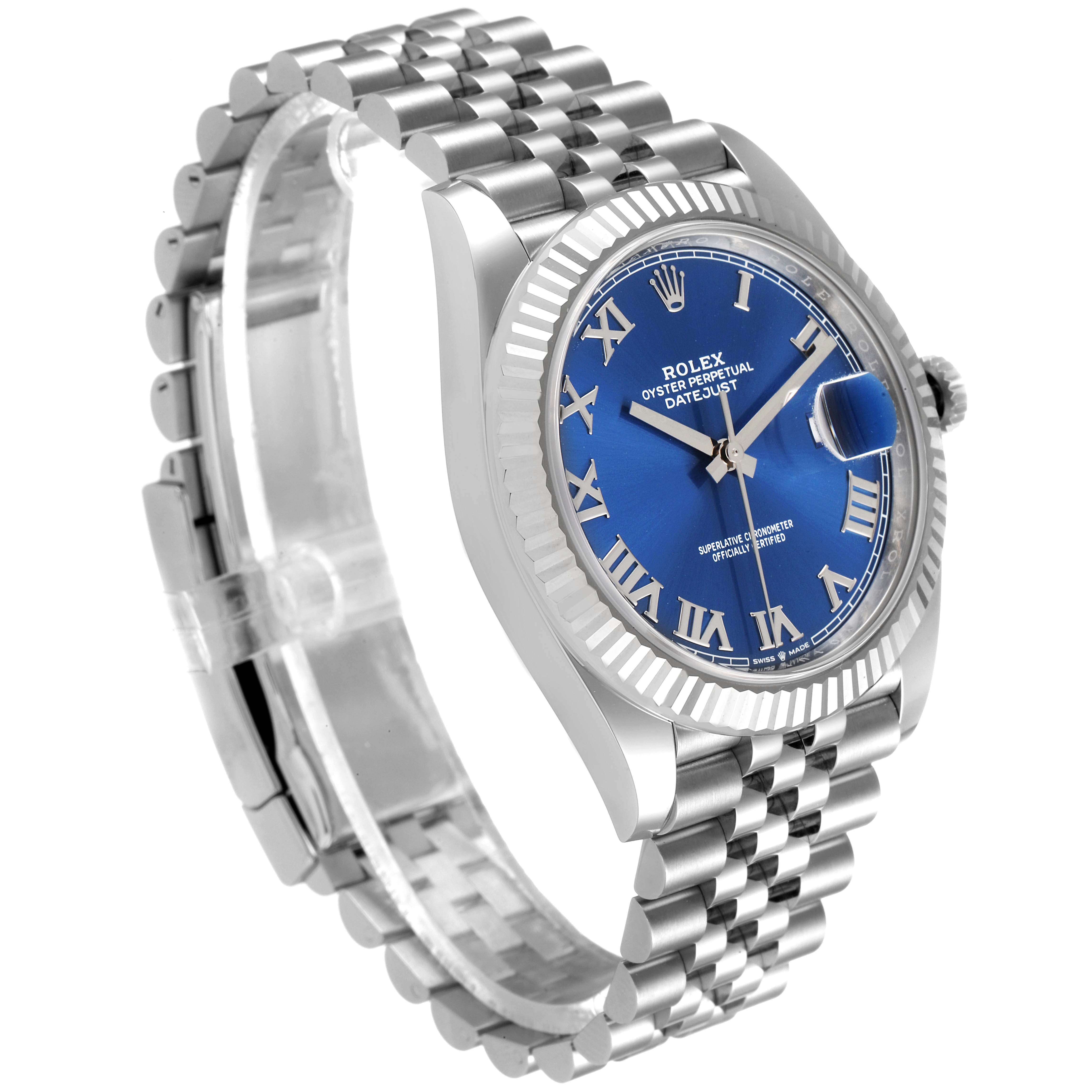 The Rolex Datejust 41 126334 Men
s Stainless Steel Blue Dial 126334 Men
s Stainless Steel Blue Dial watch is shown at an angled view, highlighting its blue dial, fluted bezel, and Jubilee bracelet.