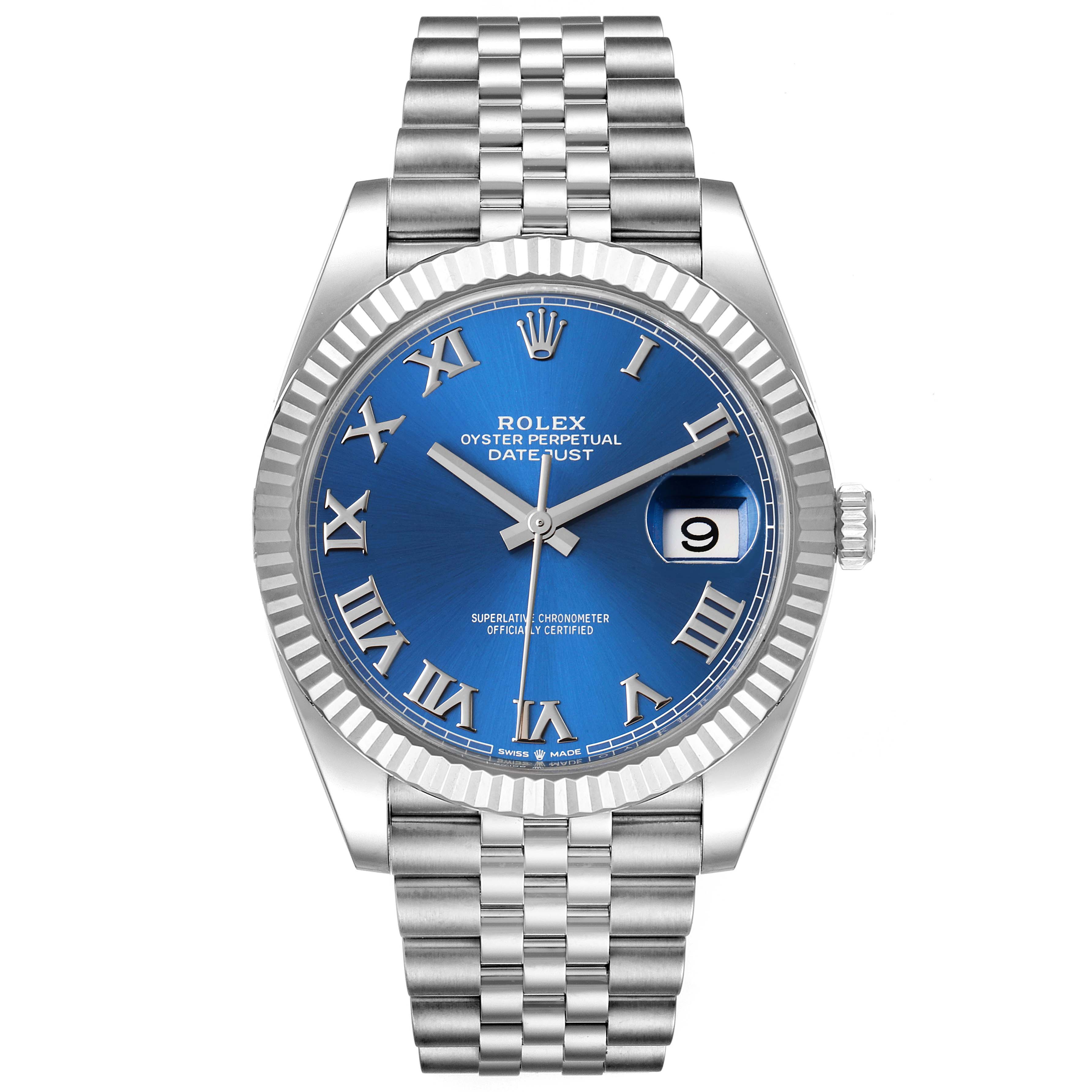 The image shows a front view of a Rolex Datejust 41 126334 Men
s Stainless Steel Blue Dial 126334 Men
s Stainless Steel Blue Dial watch, featuring a blue dial, Roman numerals, and a stainless steel bracelet.