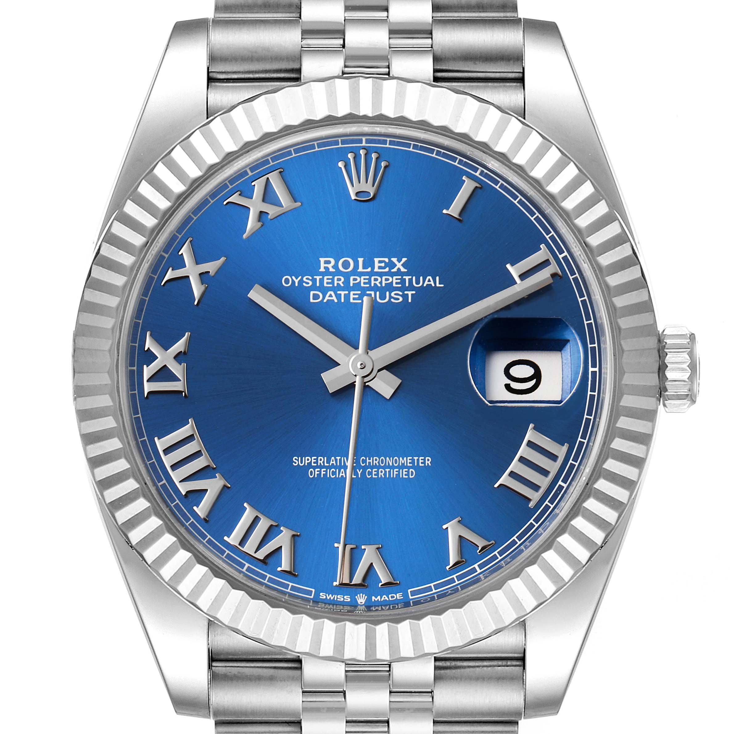 This image shows a close-up of the Rolex Datejust 41 126334 Men
s Stainless Steel Blue Dial 126334 Men
s Stainless Steel Blue Dial watch, highlighting the blue dial, Roman numerals, date, and fluted bezel.