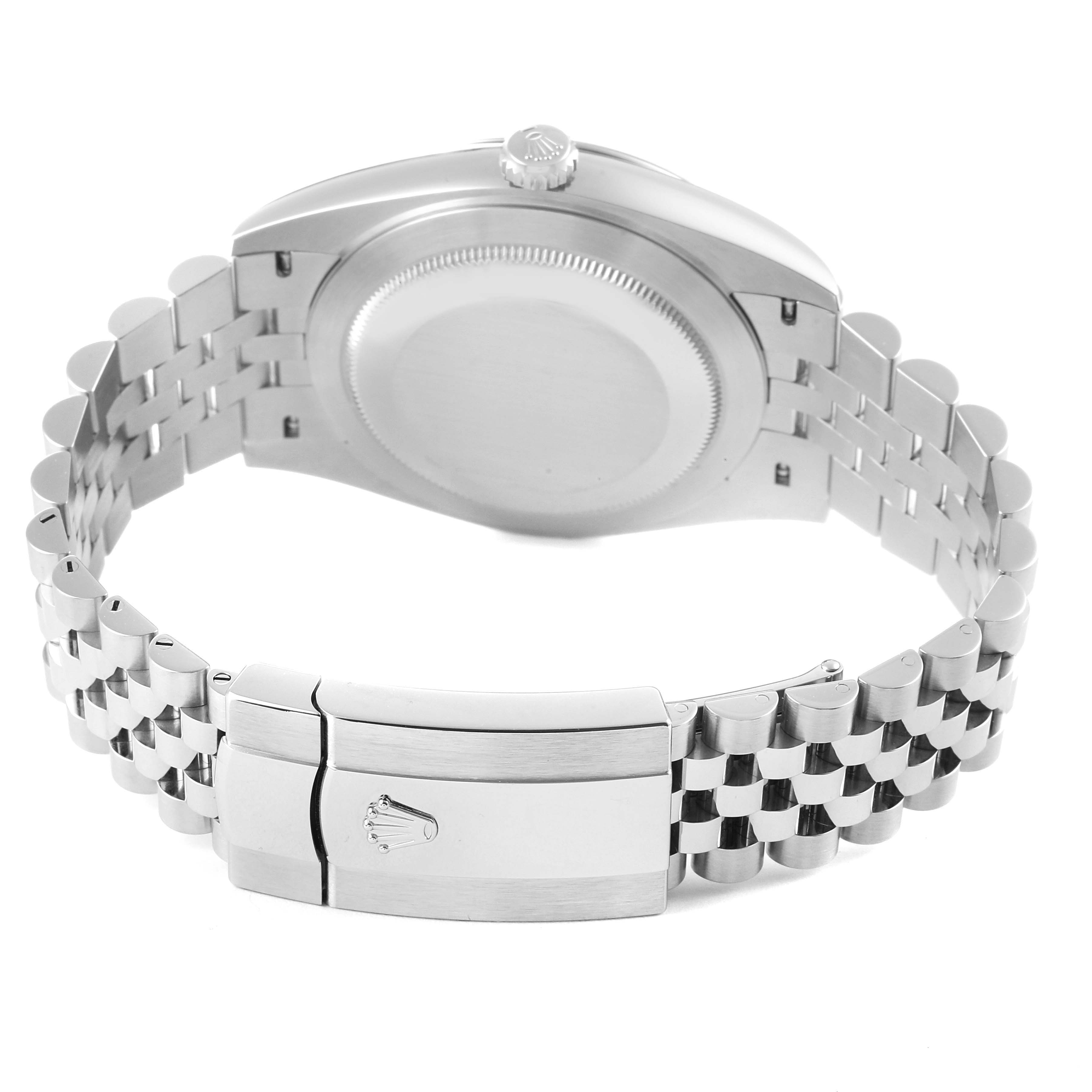 This image shows the back of the Rolex Datejust 41 126334 Men
s Stainless Steel Blue Dial 126334 Men
s Stainless Steel Blue Dial watch, specifically displaying the case back and bracelet with the clasp in view.