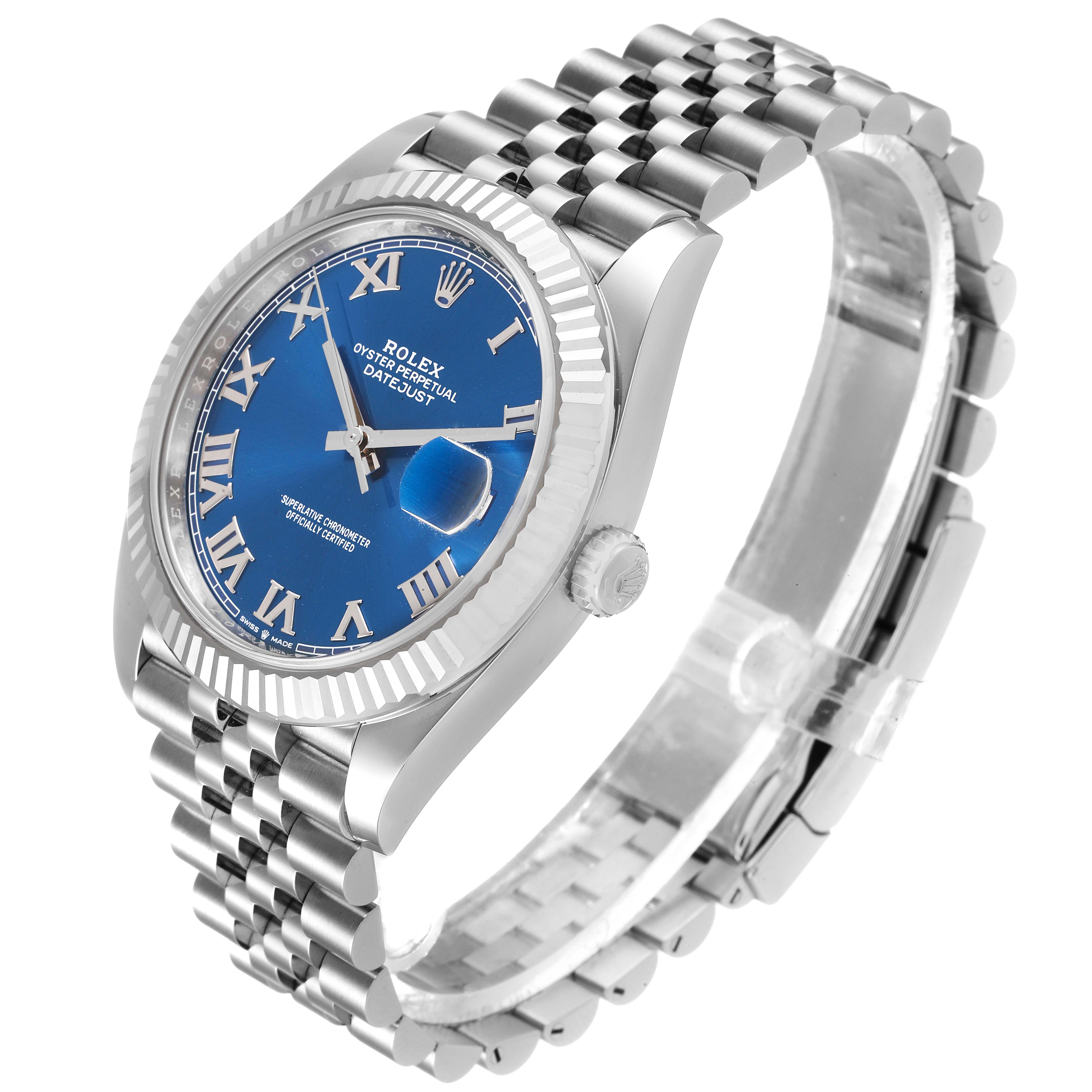 The image shows a Rolex Datejust 41 126334 Men
s Stainless Steel Blue Dial 126334 Men
s Stainless Steel Blue Dial watch, angled from the front and right side, highlighting its blue dial, fluted bezel, and Jubilee bracelet.