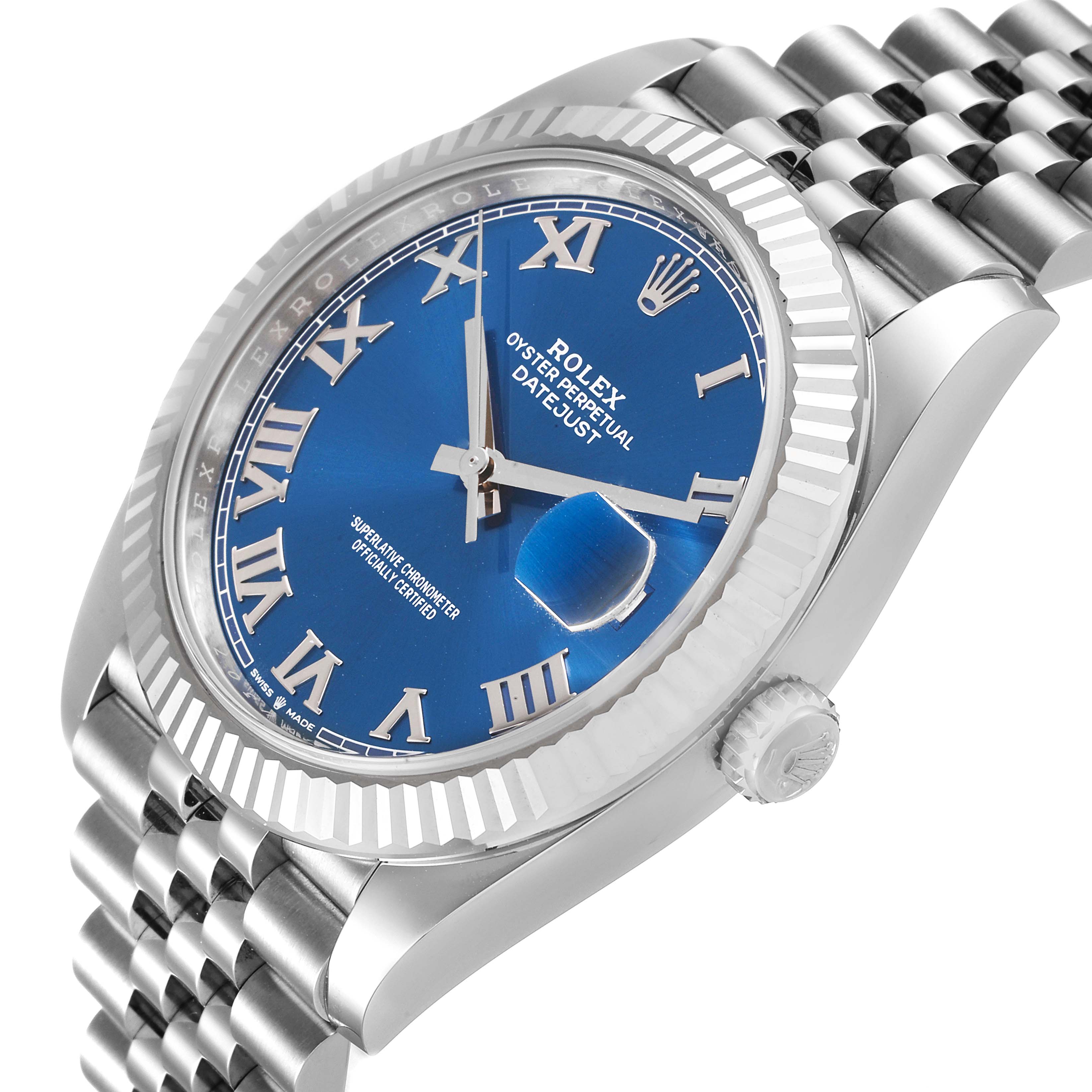 The image shows a close-up side angle of the Rolex Datejust 41 126334 Men
s Stainless Steel Blue Dial 126334 Men
s Stainless Steel Blue Dial, focusing on its blue dial, Roman numerals, and fluted bezel.