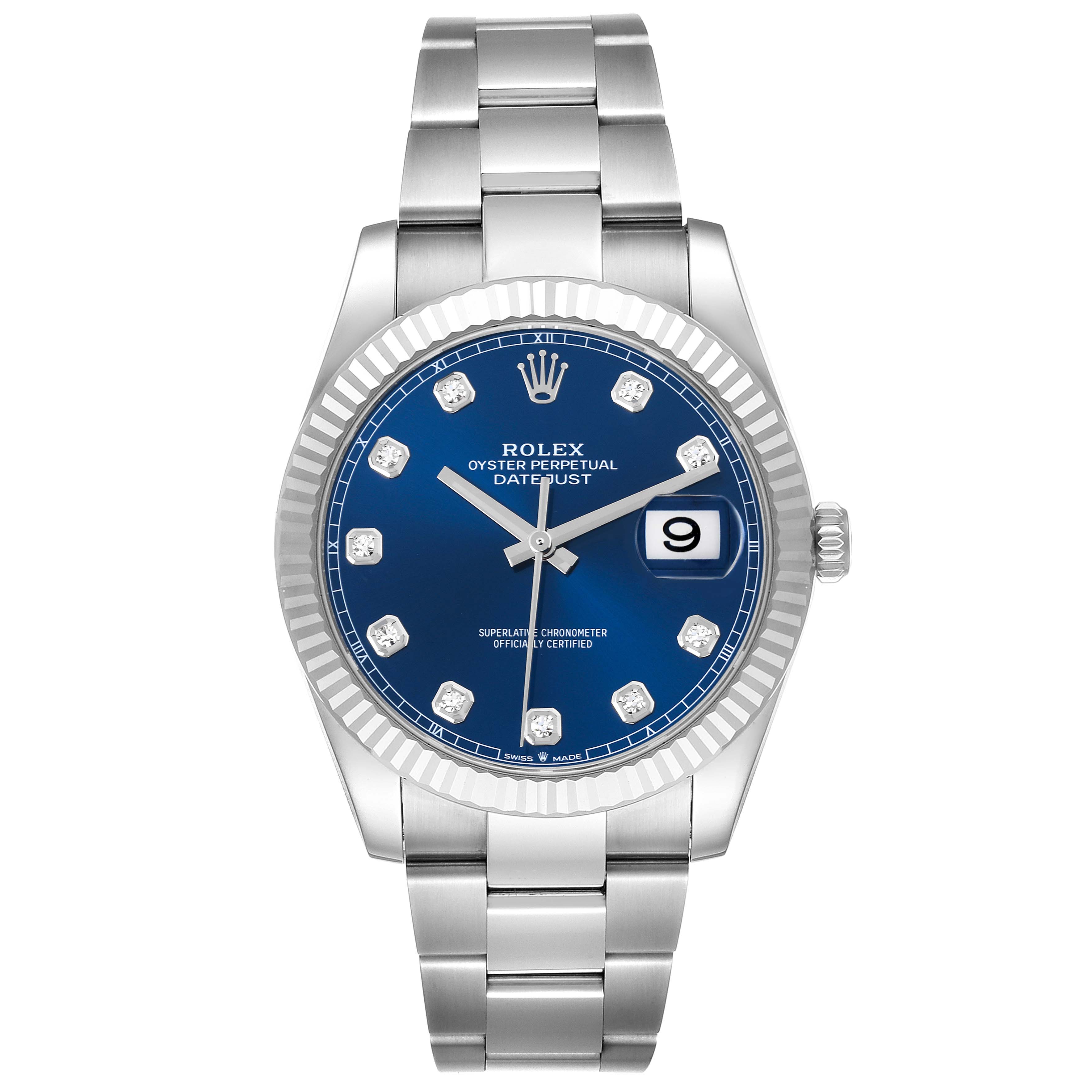 The Rolex Datejust 41 126334 Men
s Stainless Steel Blue Dial 126334 Men
s Stainless Steel Blue Dial watch is shown from a front angle, displaying its blue dial, fluted bezel, and Oyster bracelet.