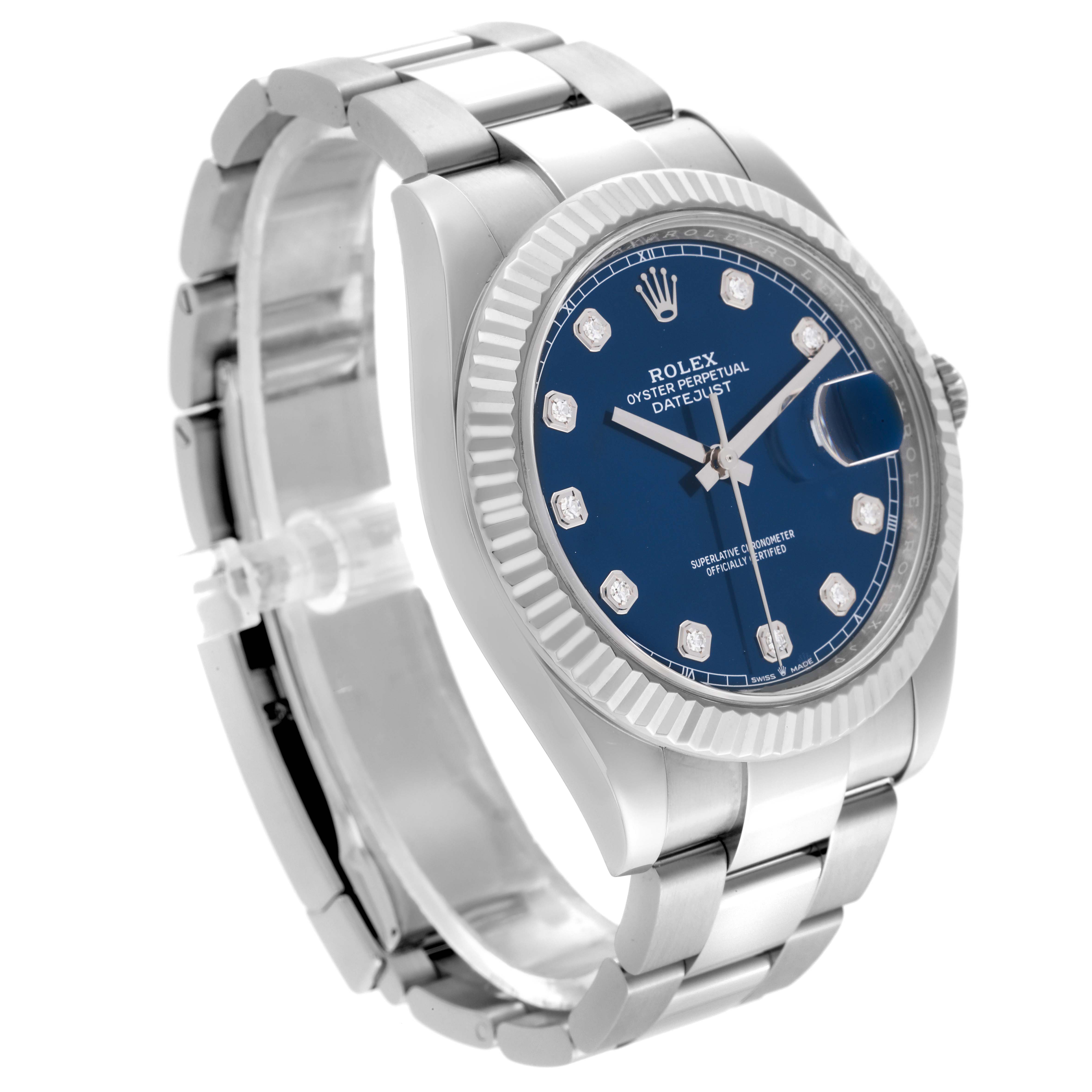 The Rolex Datejust 41 126334 Men
s Stainless Steel Blue Dial 126334 Men
s Stainless Steel Blue Dial model is shown at a three-quarter angle, displaying the blue dial, fluted bezel, and oyster bracelet.