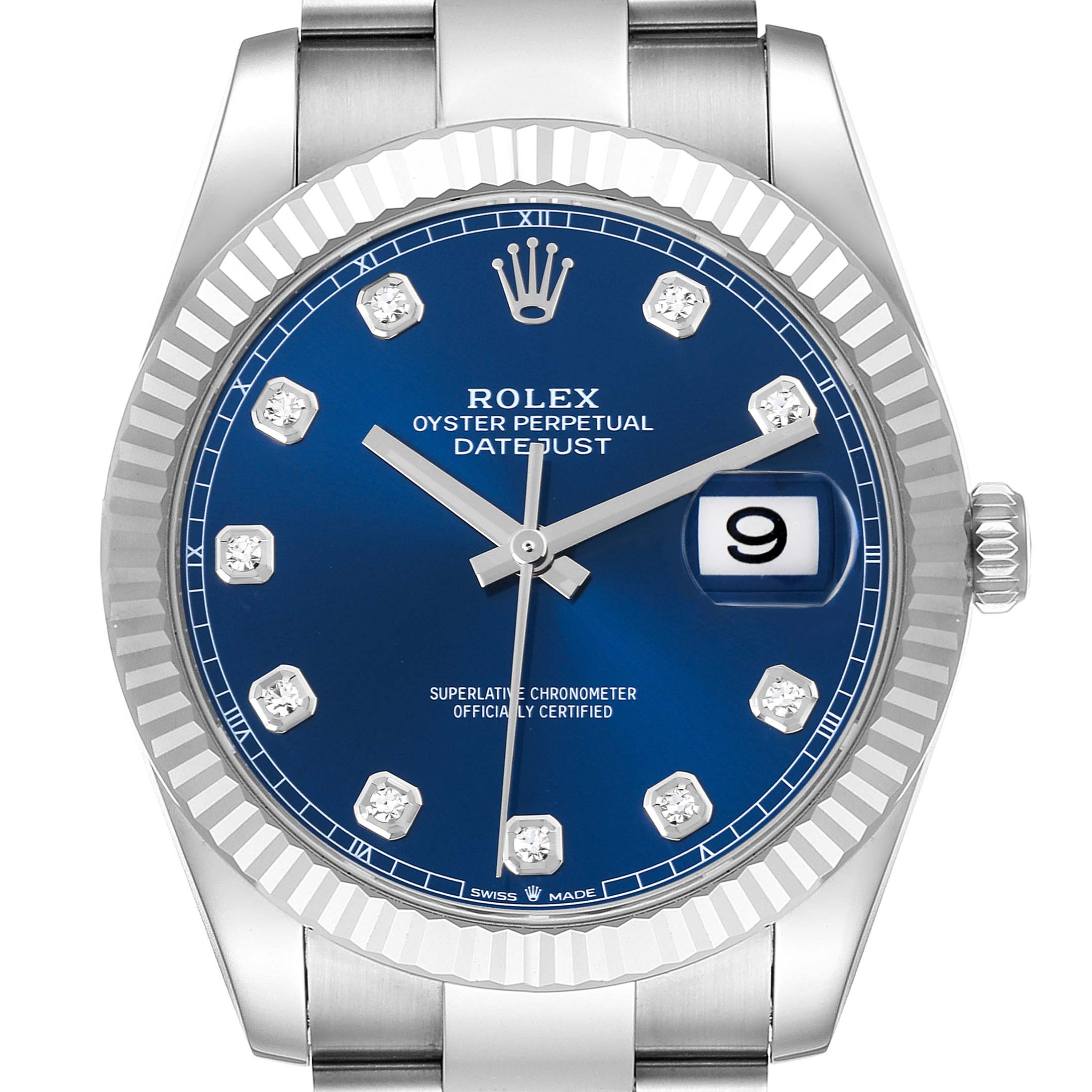 The Rolex Datejust 41 126334 Men
s Stainless Steel Blue Dial 126334 Men
s Stainless Steel Blue Dial is shown from the front, highlighting its blue dial, fluted bezel, diamond hour markers, and bracelet.