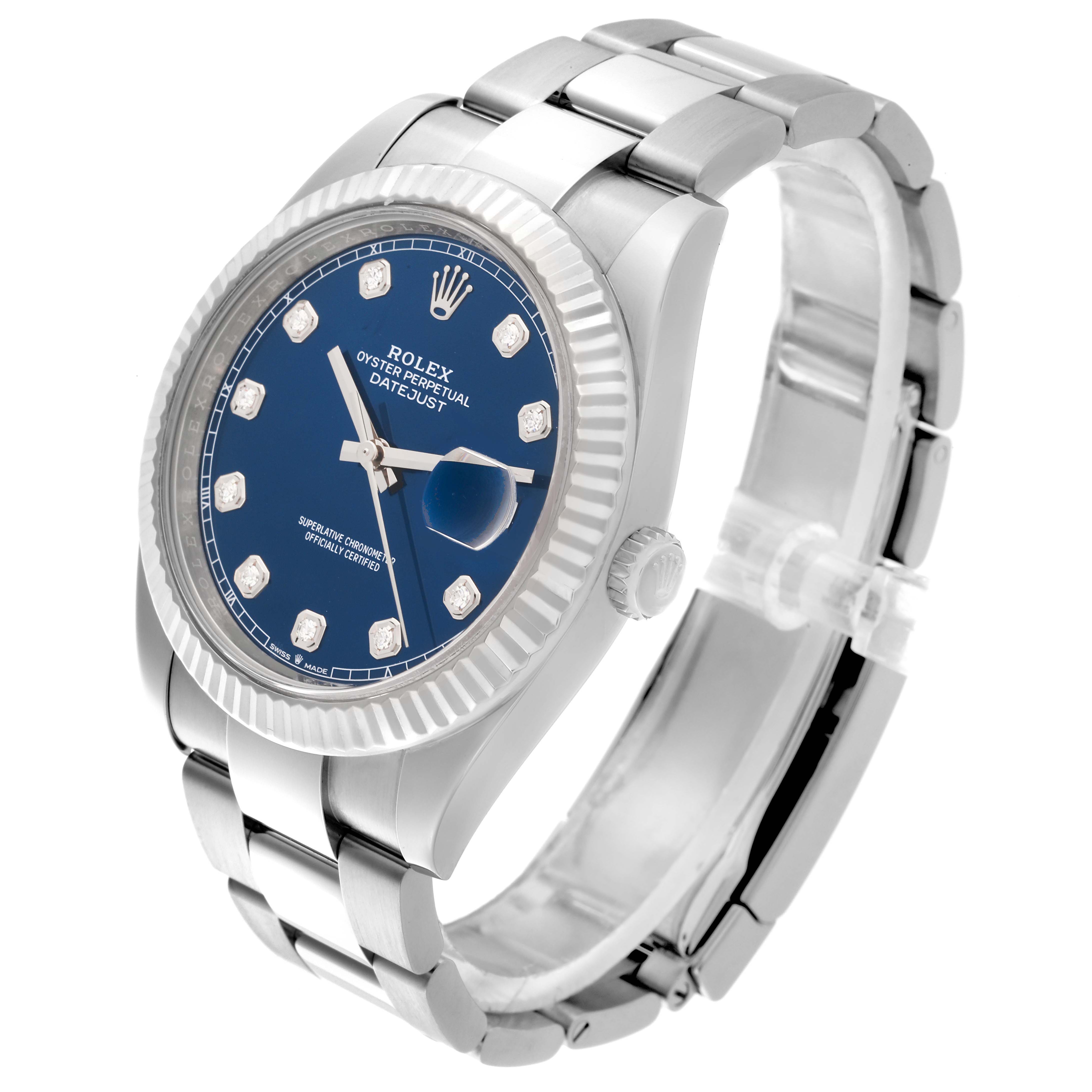 The Rolex Datejust 41 126334 Men
s Stainless Steel Blue Dial 126334 Men
s Stainless Steel Blue Dial watch is shown from a top-front angle, displaying the face, bezel, crown, and part of the bracelet.