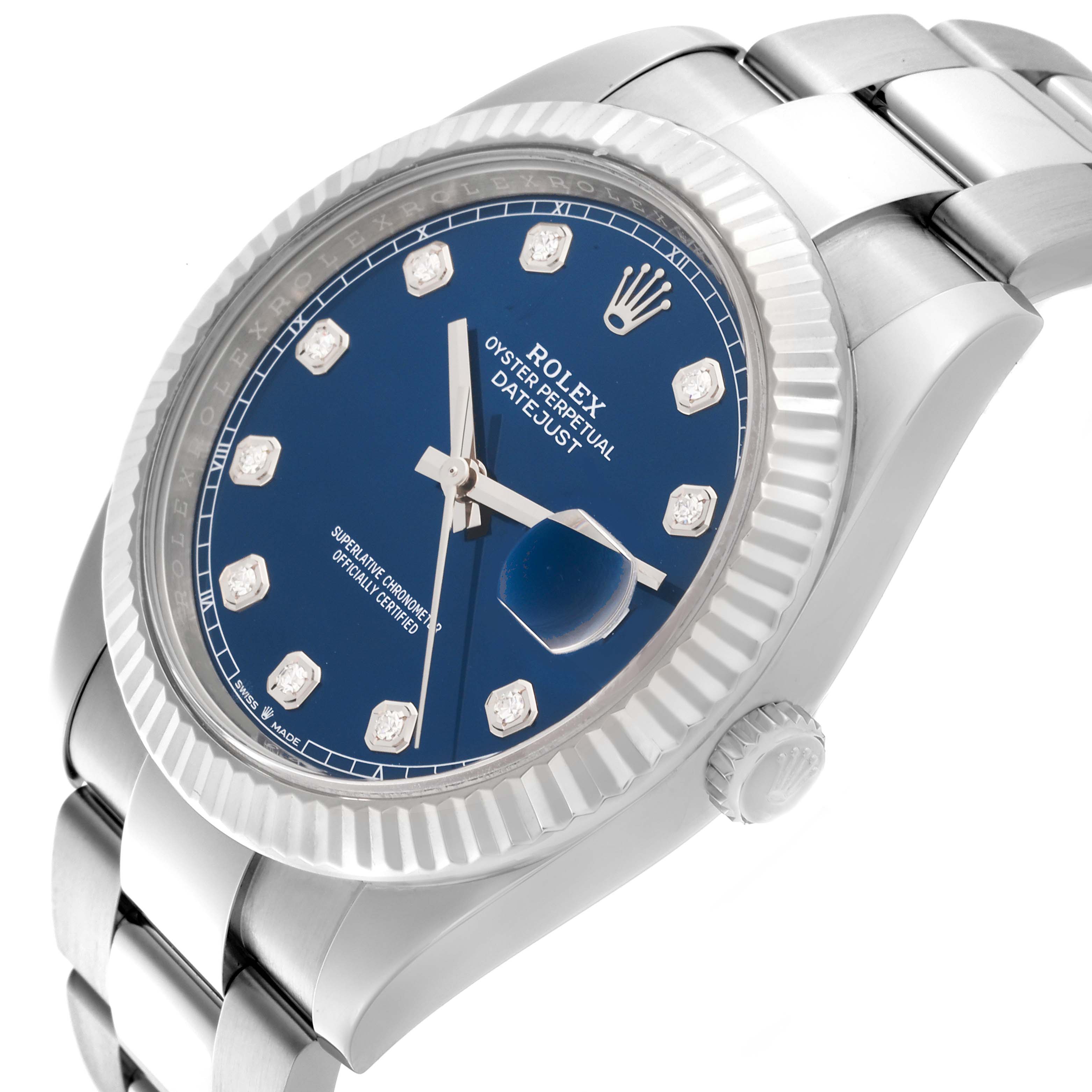 The Rolex Datejust 41 126334 Men
s Stainless Steel Blue Dial 126334 Men
s Stainless Steel Blue Dial is shown at an angled view, highlighting the blue dial, date magnifier, fluted bezel, and bracelet.