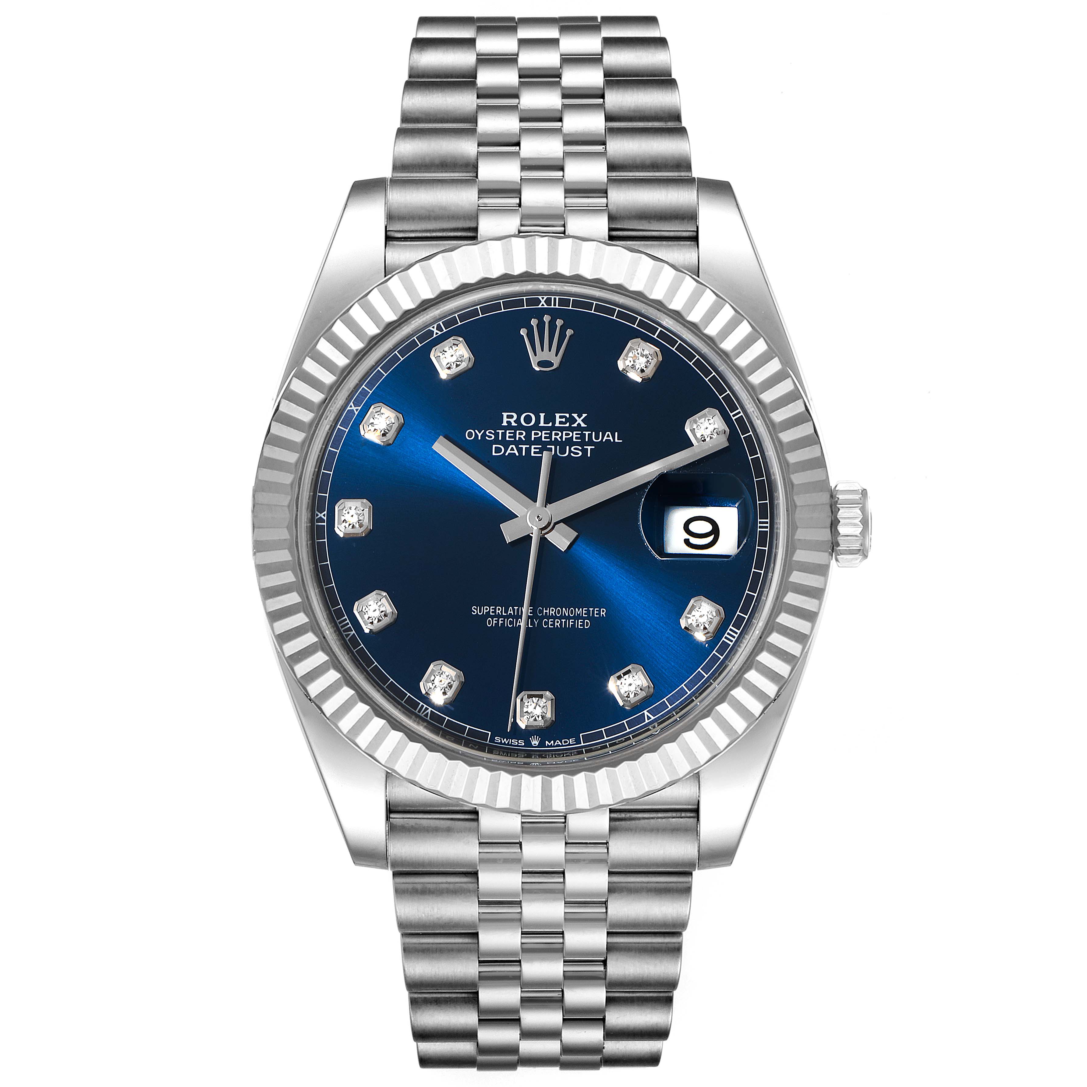 The image shows a front view of a Rolex Datejust 41 126334 Men
s Stainless Steel Blue Dial 126334 Men
s Stainless Steel Blue Dial watch, displaying its blue dial, date window, and Jubilee bracelet.